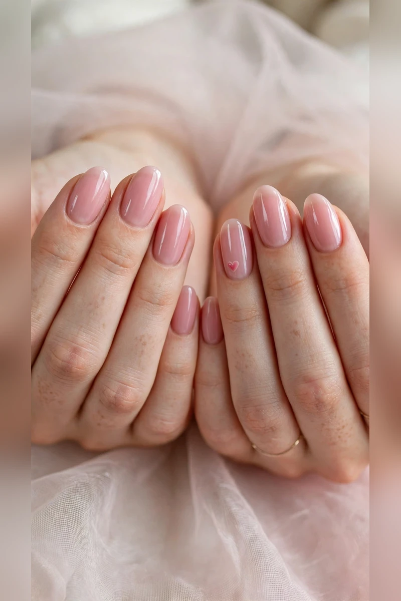 Soft Pink Romantic Nails in Oval with Single Tiny Heart