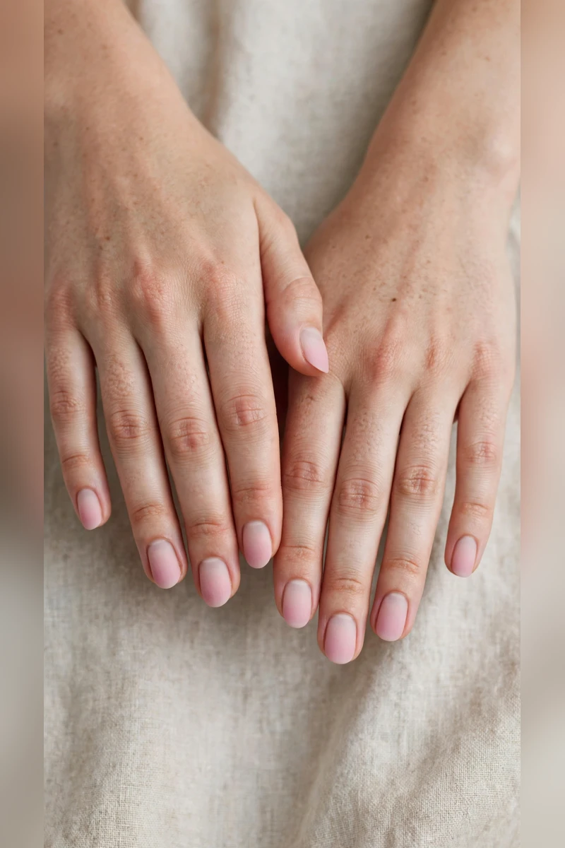 Soft Pink Romantic Nails in Short Oval with Soft Ombre Fade