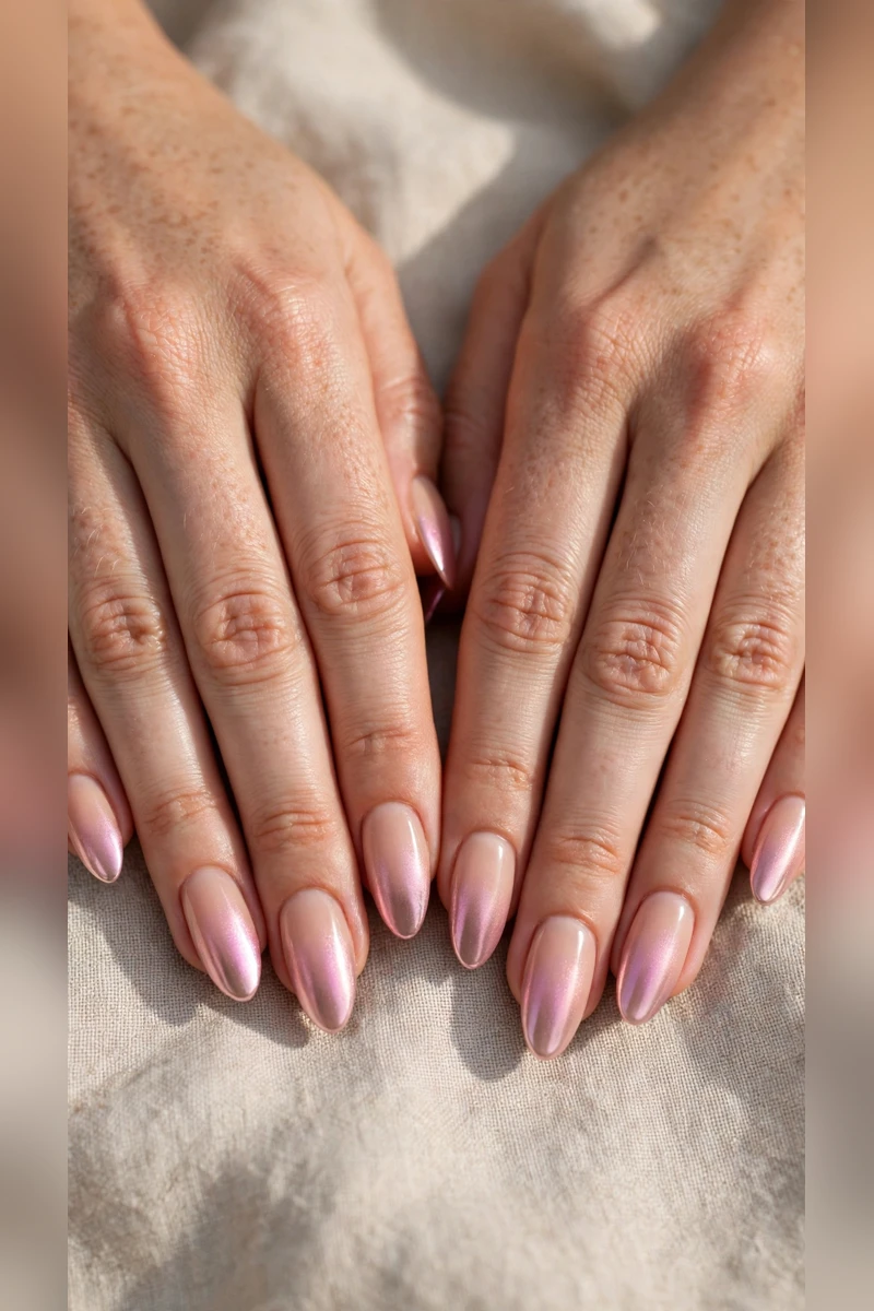 Soft Pink Romantic Nails in Almond with Soft Ombre Fade