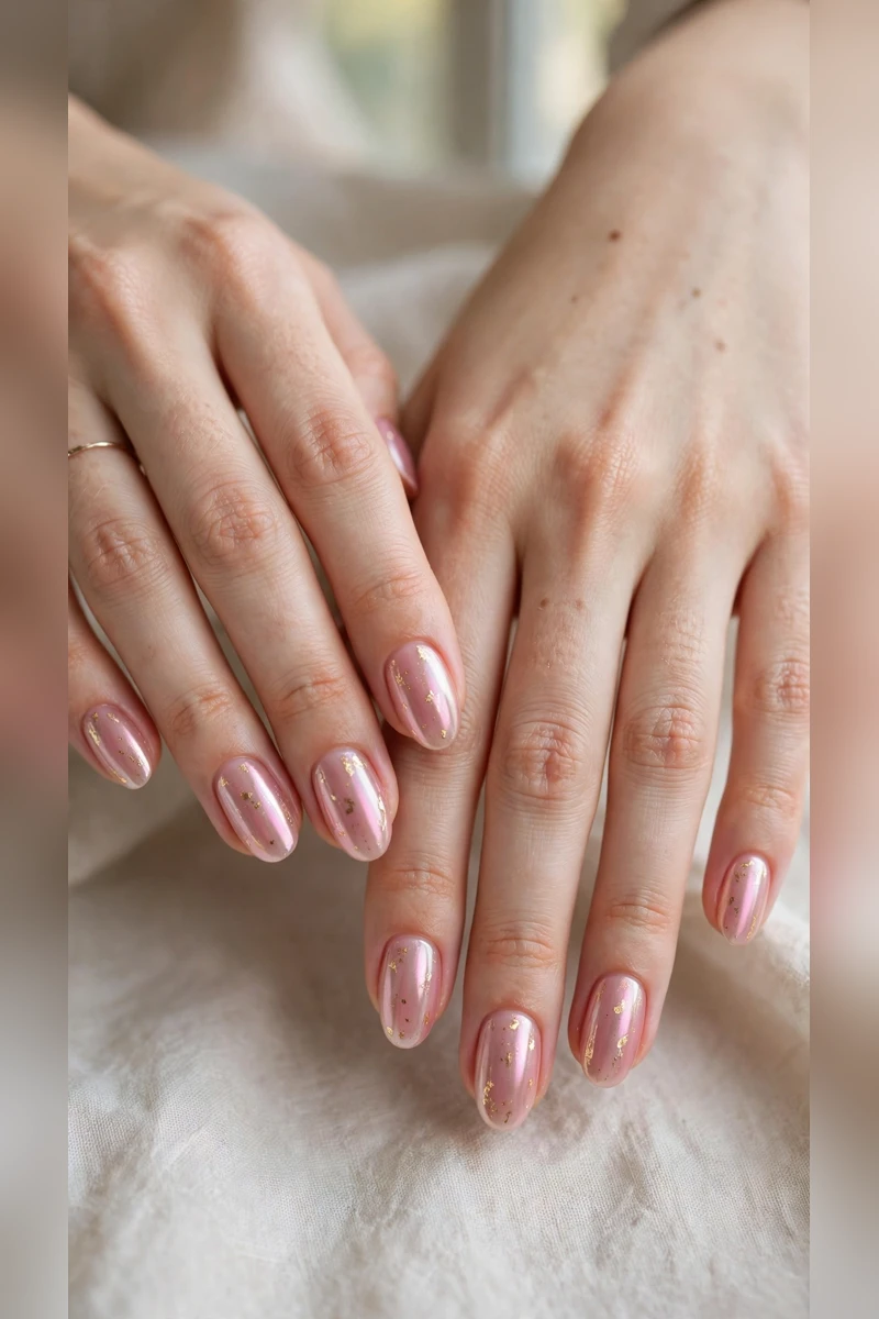 Soft Pink Romantic Nails in Oval with Fine Gold Foil Fleck