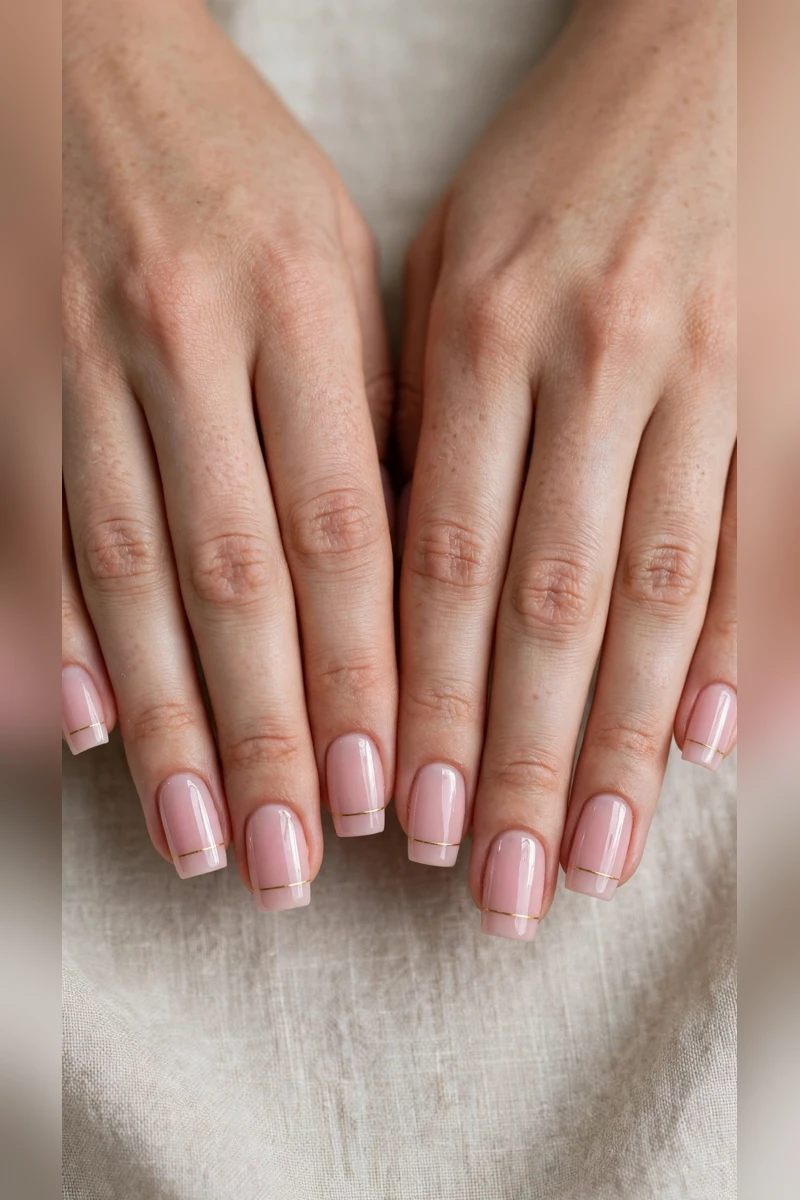 Soft Pink Romantic Nails in Square with Tiny Gold Line