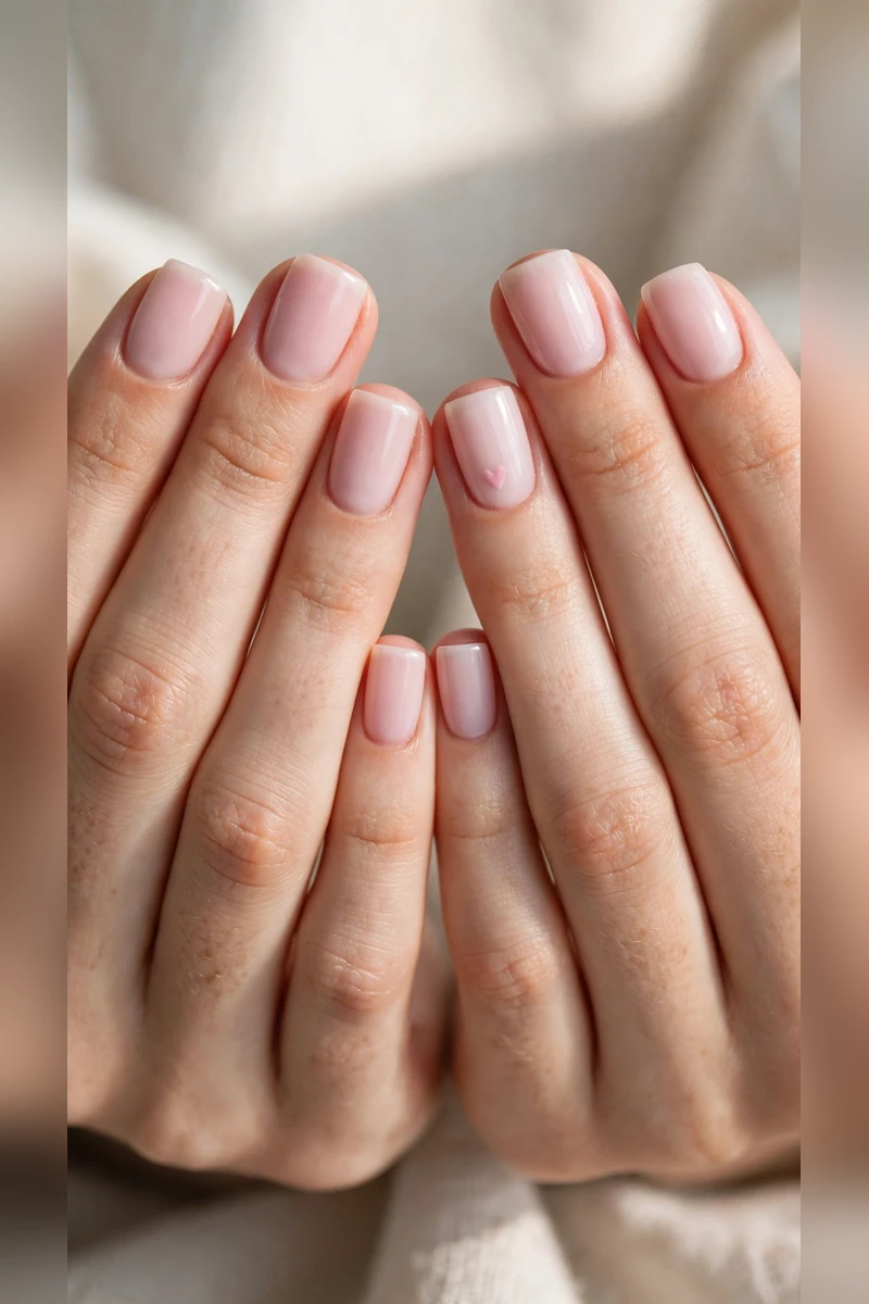 Soft Pink Romantic Nails in Short Square with Single Tiny Heart