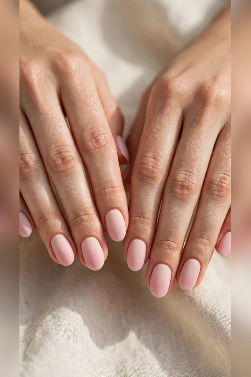 Soft Pink Romantic Nails in Round with Soft Ombre Fade