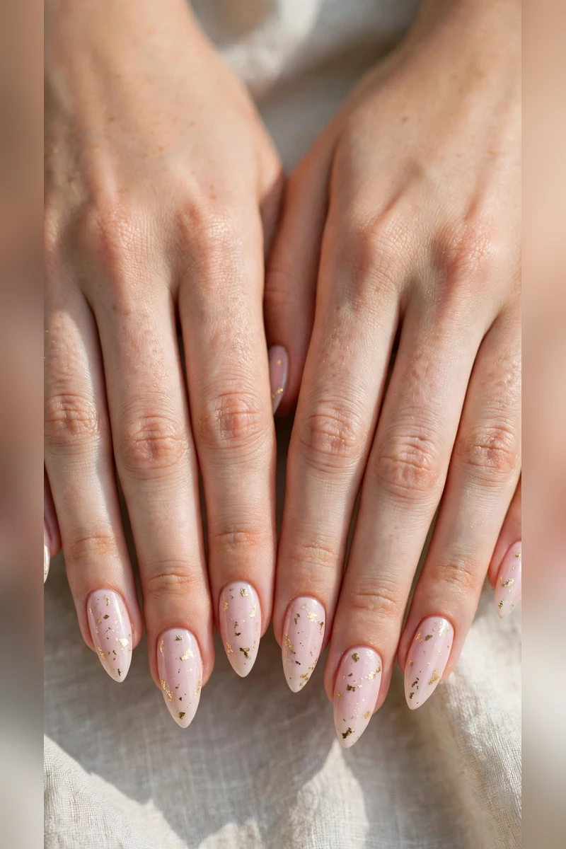Soft Pink Romantic Nails in Soft Stiletto with Fine Gold Foil Fleck