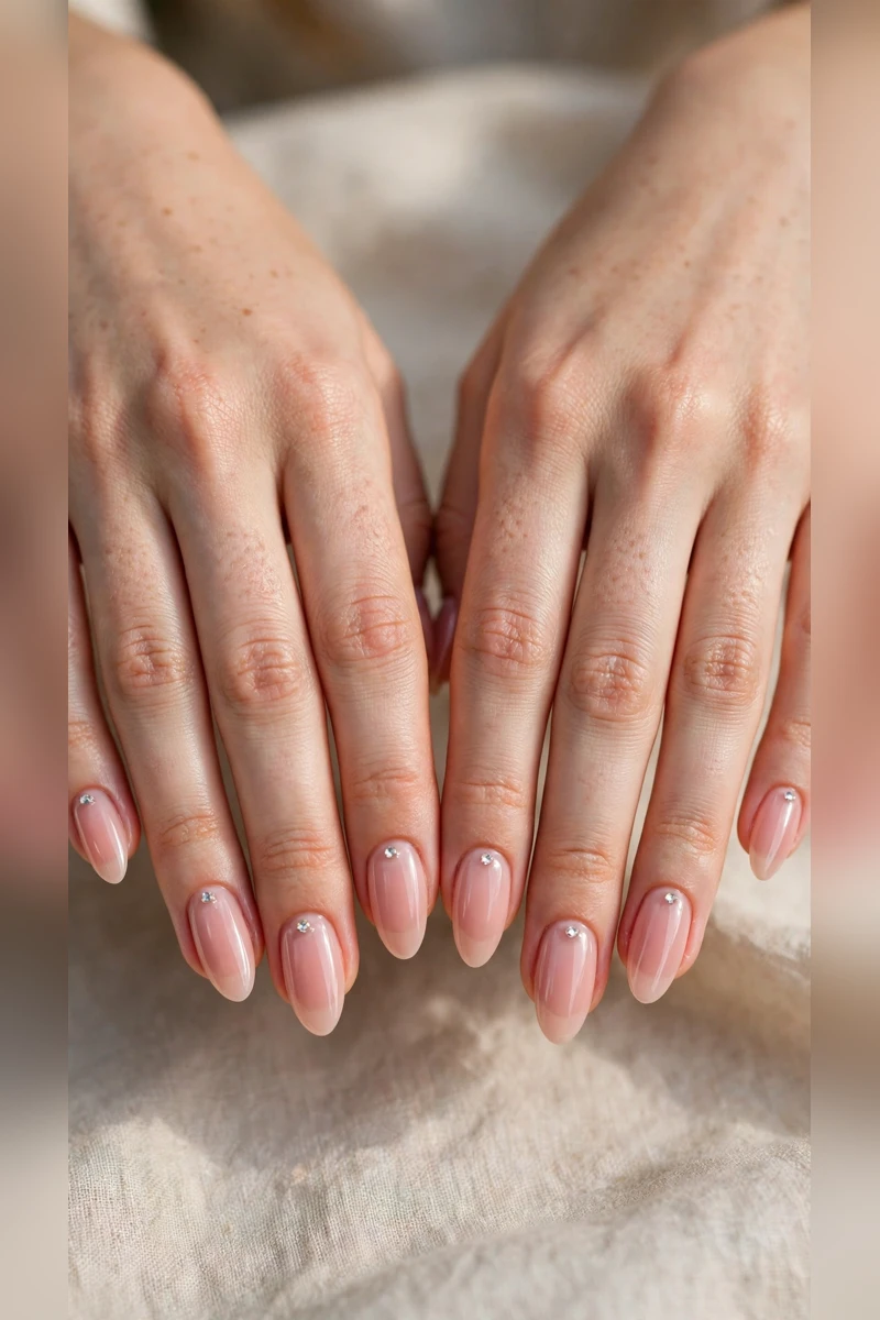 Soft Pink Romantic Nails in Almond with Tiny Crystal