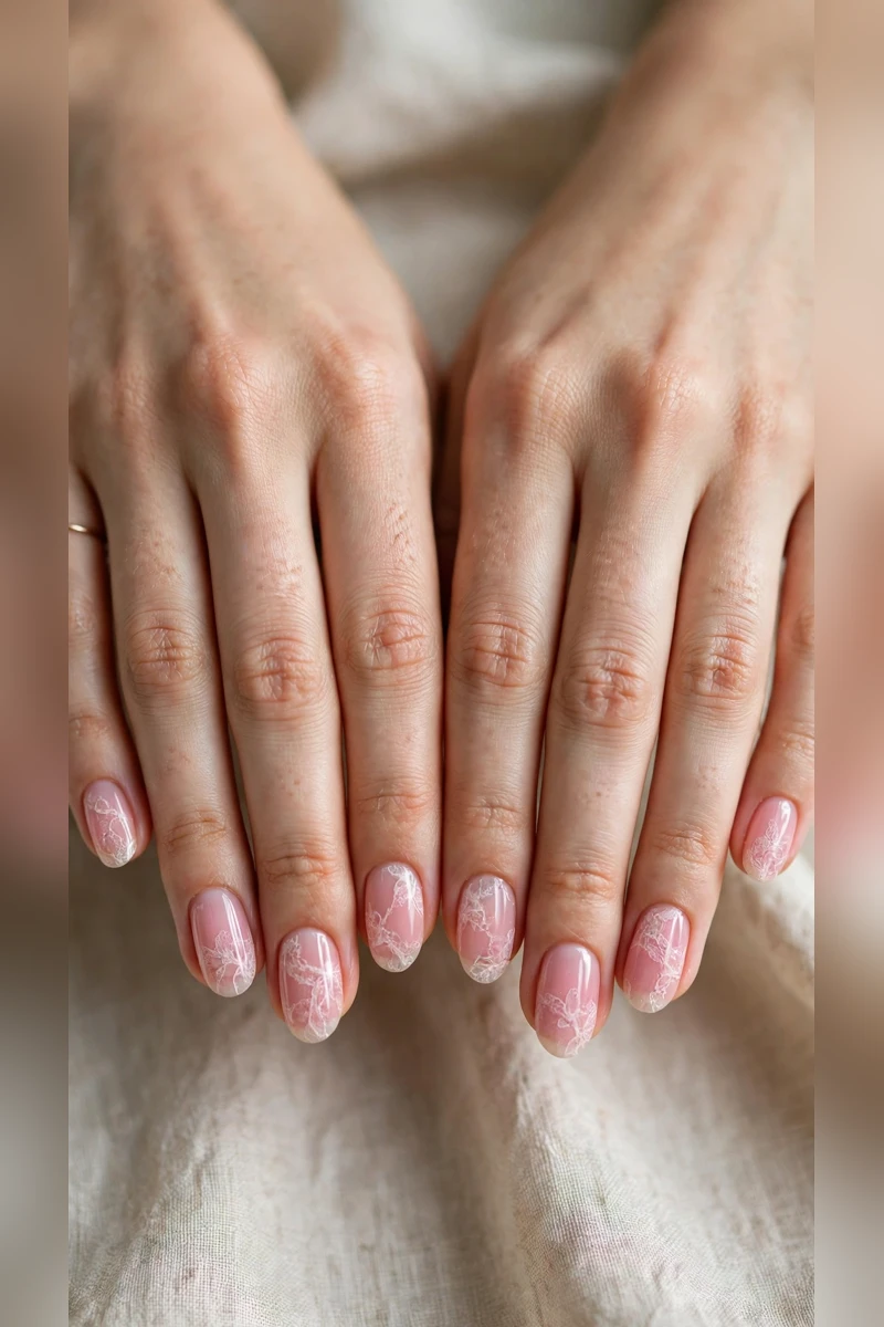 Soft Pink Romantic Nails in Oval with Lace-Like Detail