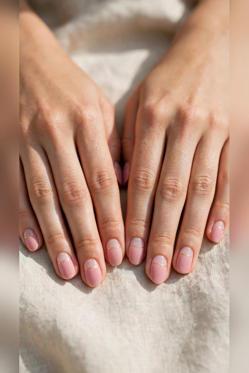 Soft Pink Romantic Nails in Short Oval with Tiny Gold Line