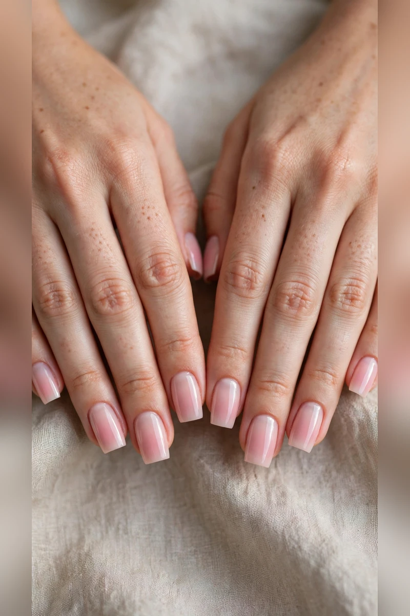 Soft Pink Romantic Nails in Square with Soft Ombre Fade