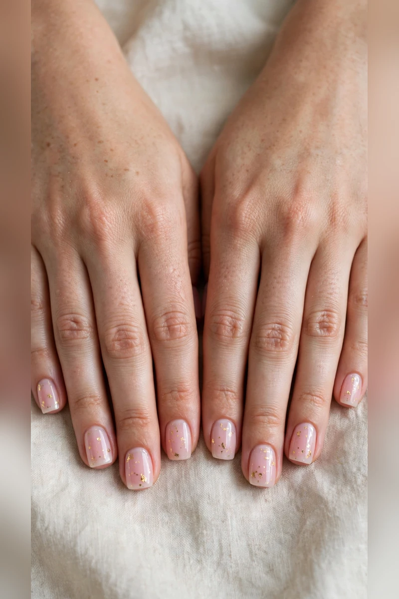 Soft Pink Romantic Nails in Short Square with Fine Gold Foil Fleck