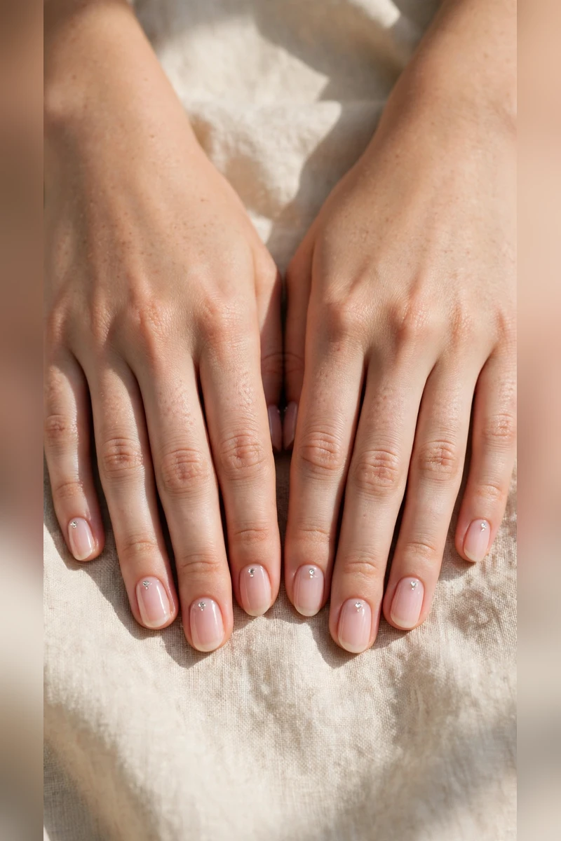 Soft Pink Romantic Nails in Round with Tiny Crystal