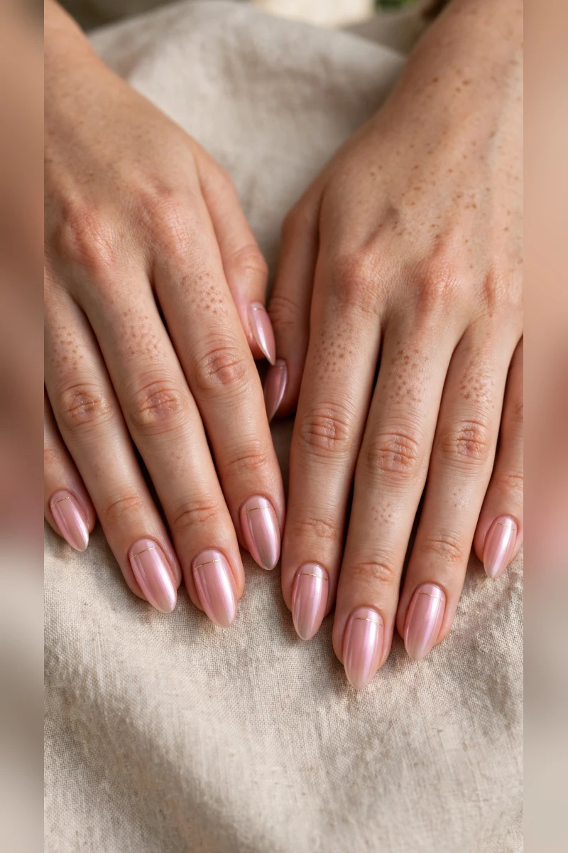Soft Pink Romantic Nails in Almond with Tiny Gold Line Chrome Finish