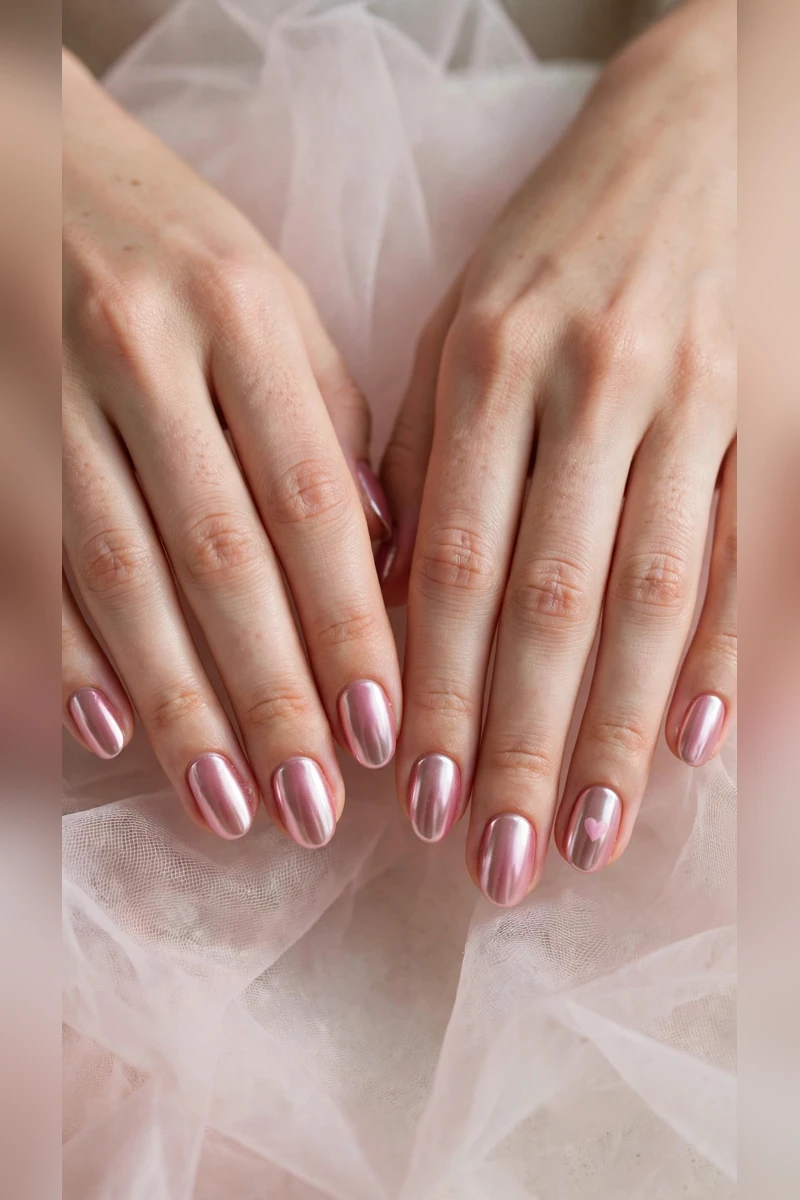 Soft Pink Romantic Nails in Oval with Single Tiny Heart Chrome Finish