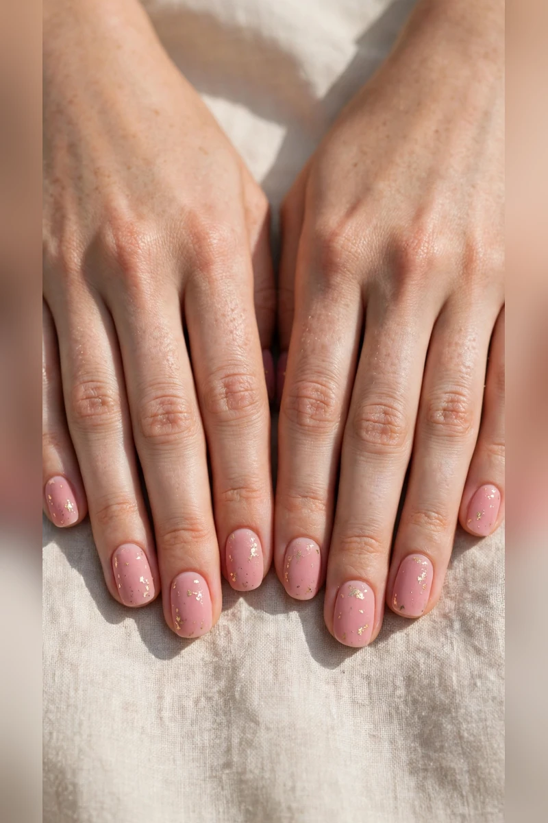 Soft Pink Romantic Nails in Rounded Square with Fine Gold Foil Fleck Velvet-Matte Finish