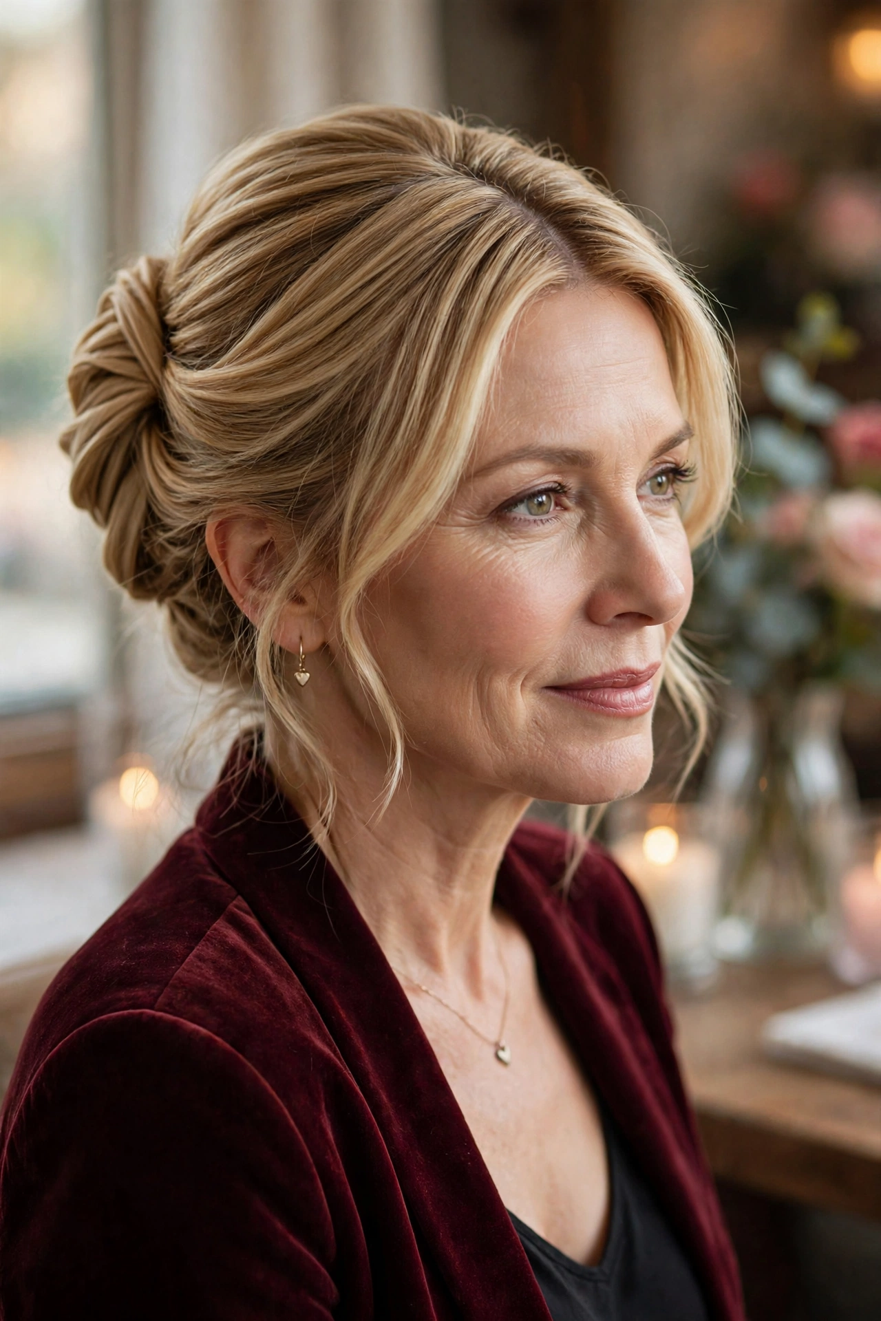 soft dinner-date pleated updo in honey blonde with centre part