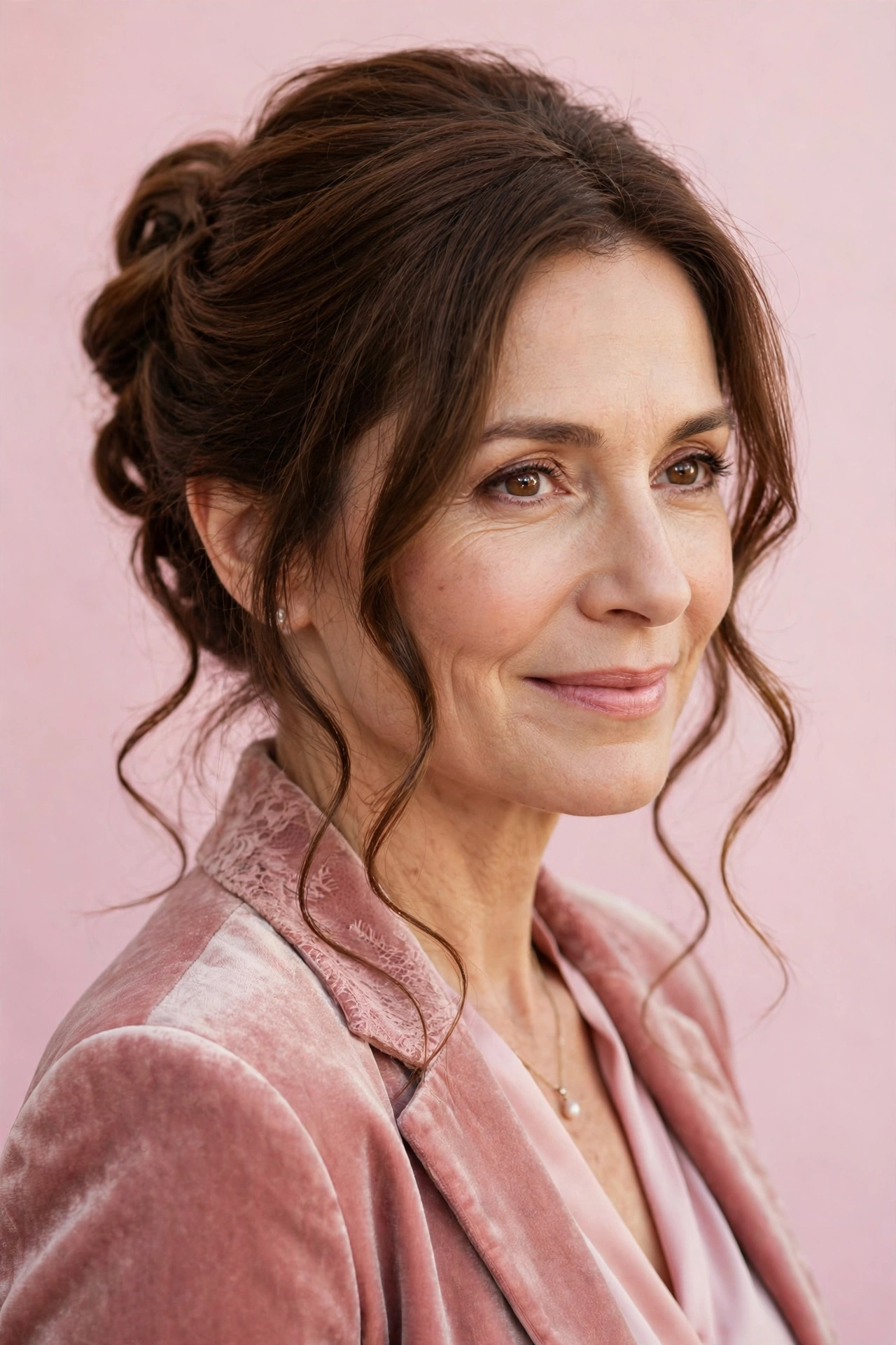 soft dinner-date French twist in chestnut brown with loose tendrils