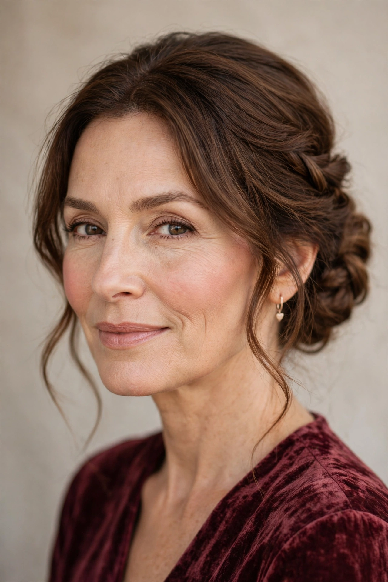 soft dinner-date braided bun in chestnut brown with soft volume
