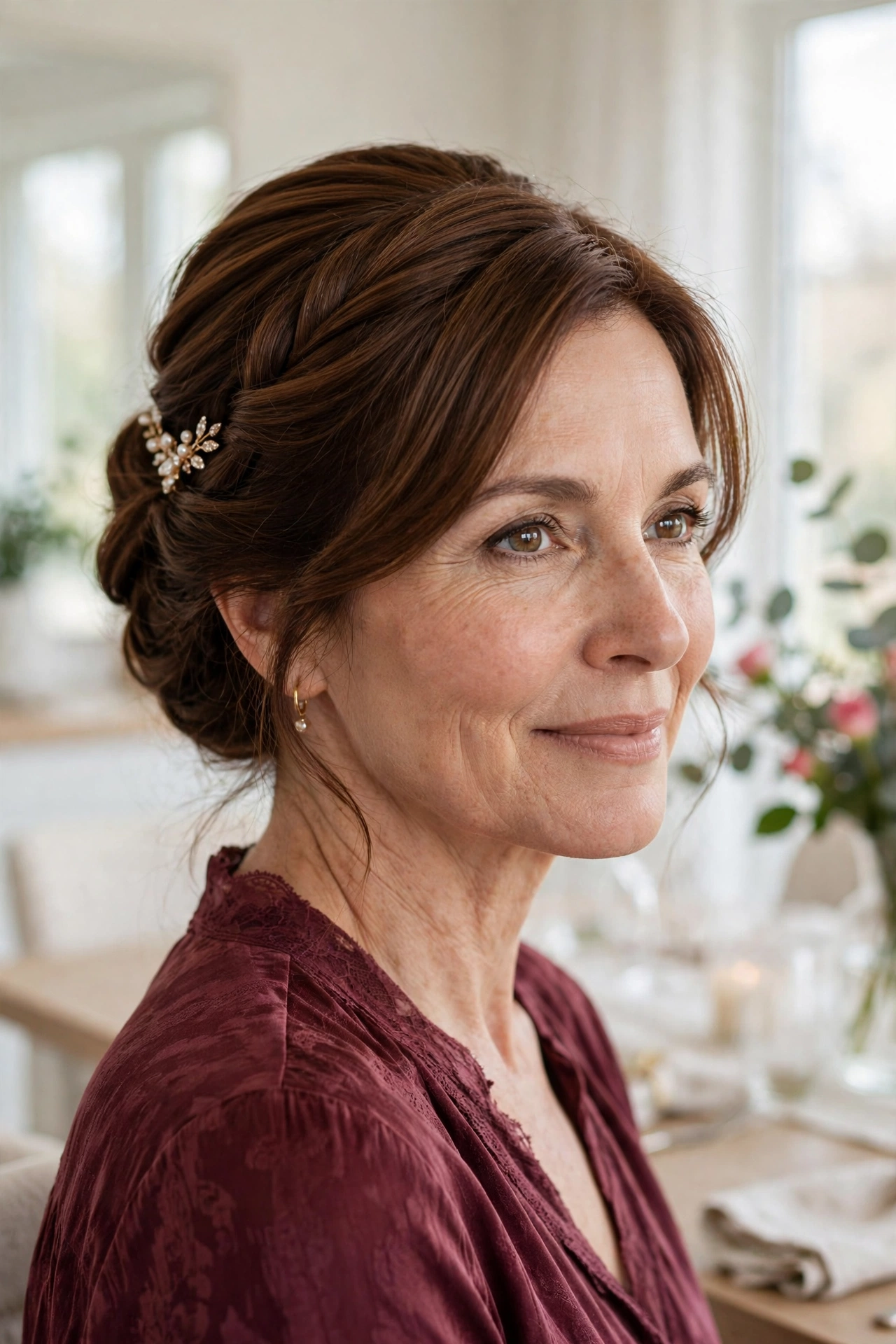 soft dinner-date pleated updo in chestnut brown with a delicate clip