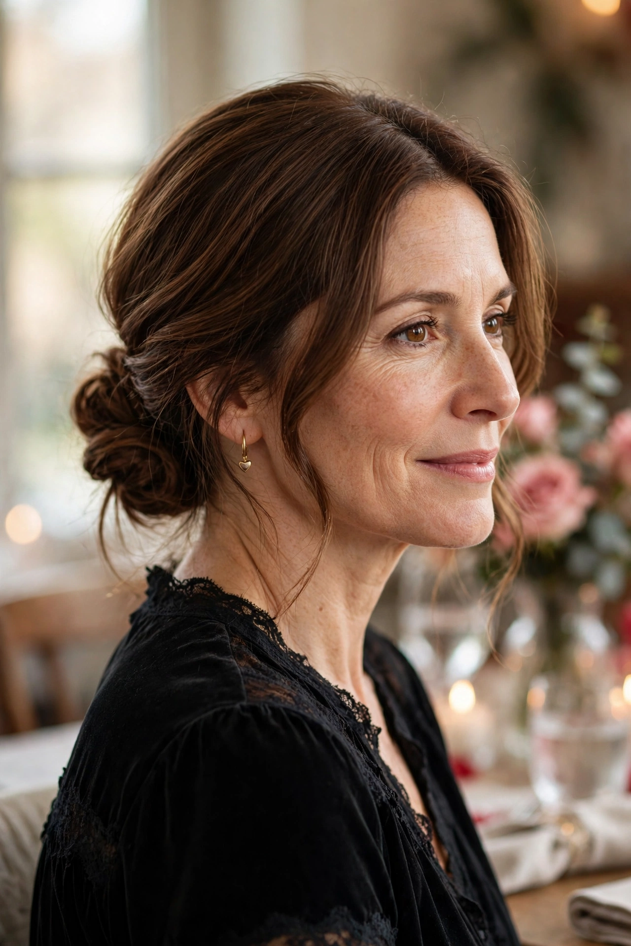 soft dinner-date low knot in chestnut brown with side part
