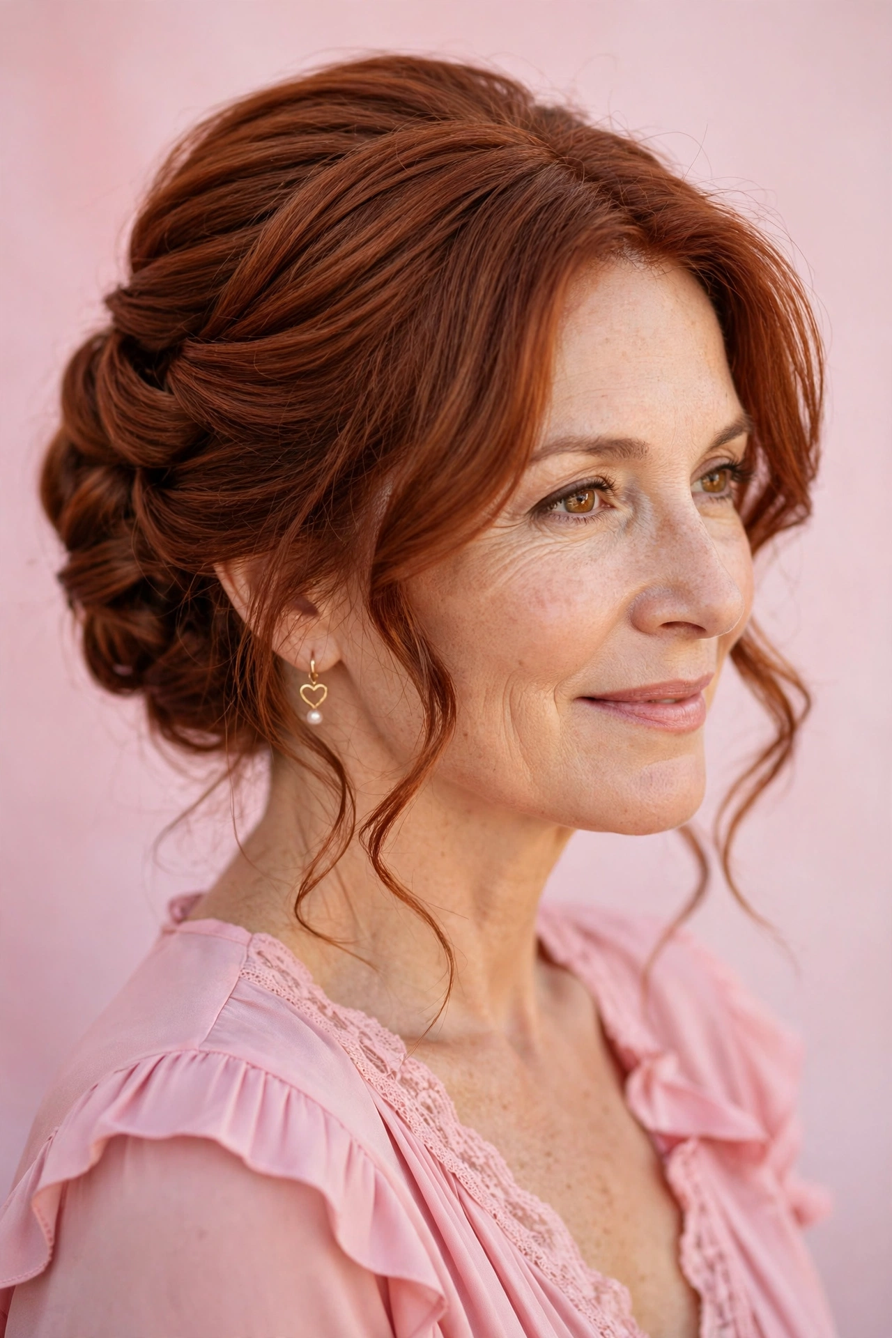 soft dinner-date pleated updo in warm auburn with soft volume