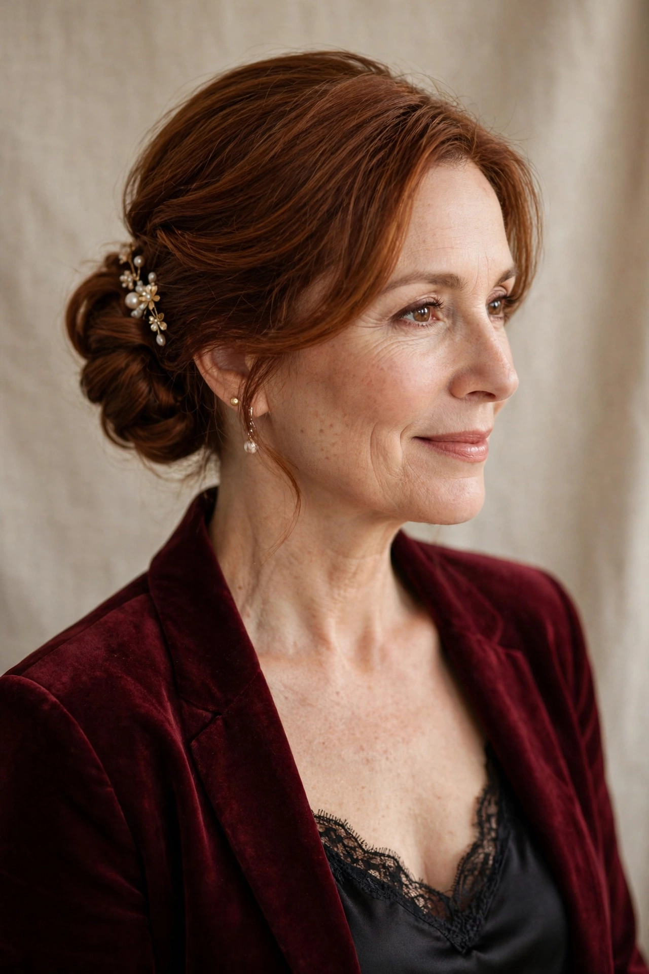 soft dinner-date twisted bun in warm auburn with a delicate clip