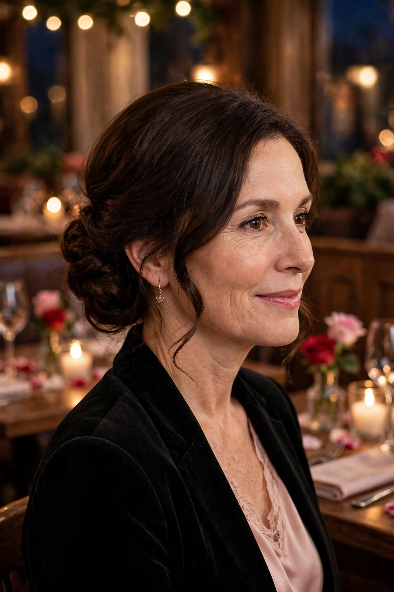 soft dinner-date chignon in dark chocolate brown with side part