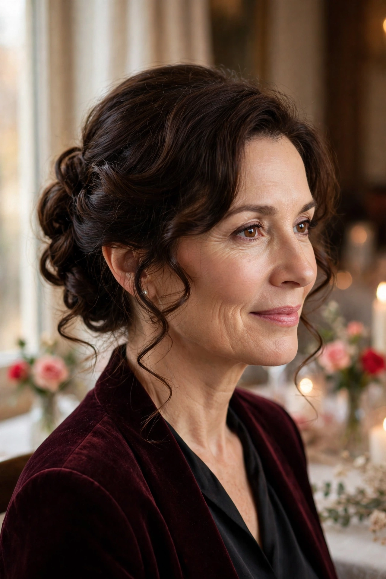 soft dinner-date French twist in dark chocolate brown with romantic finish