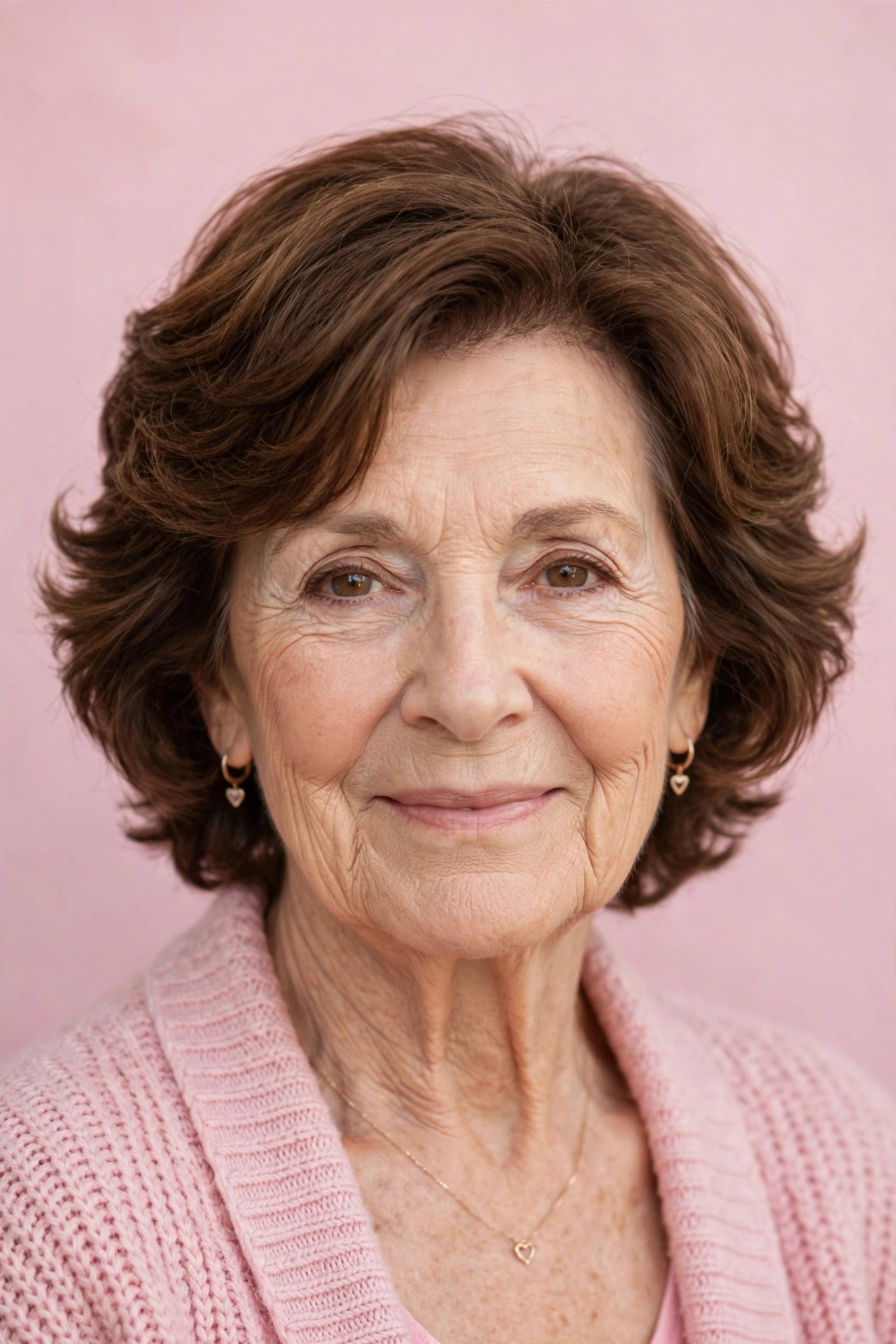 soft waves with a short feathered cut in chestnut brown with short layers