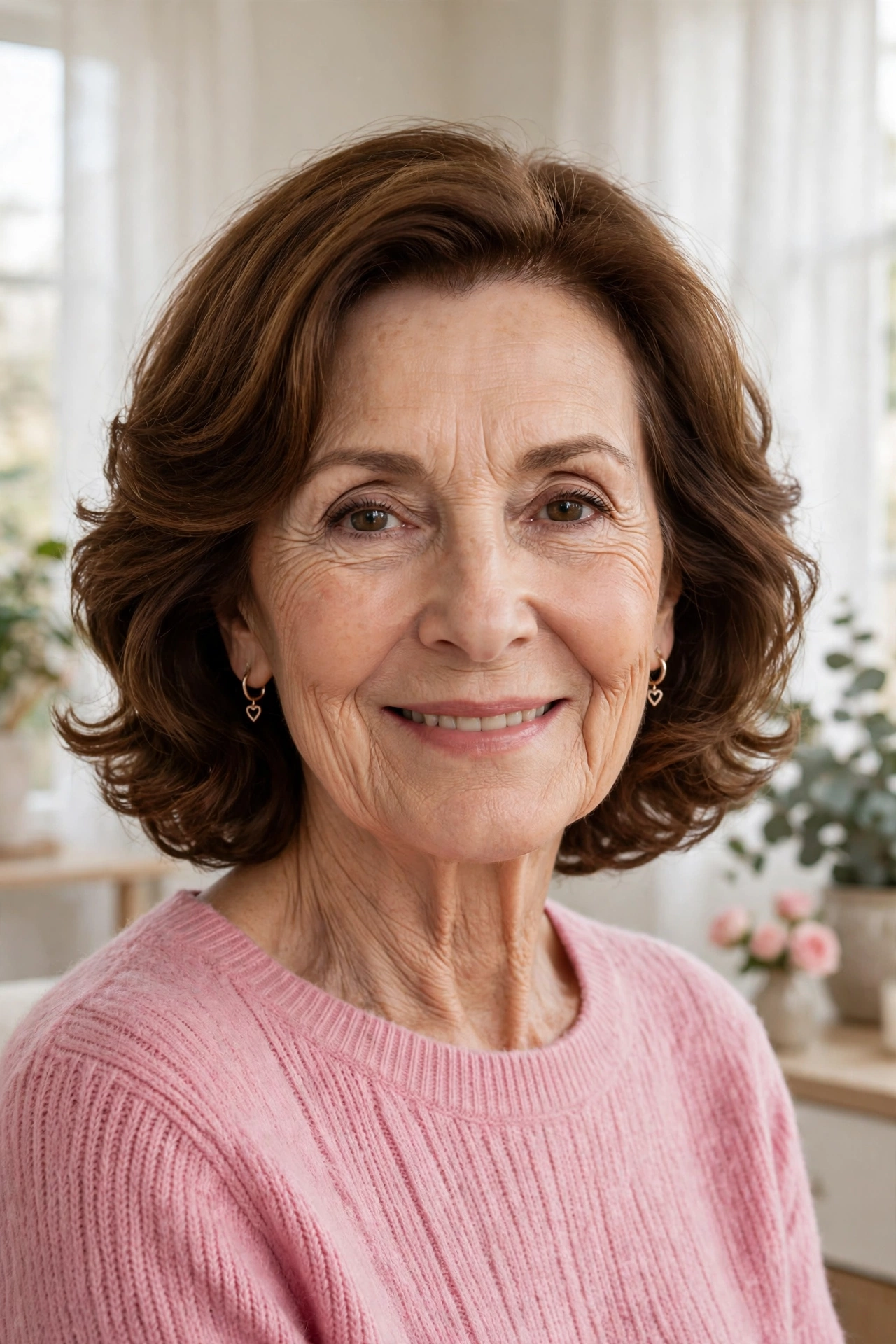 soft waves with a short curved cut in chestnut brown with easy styling