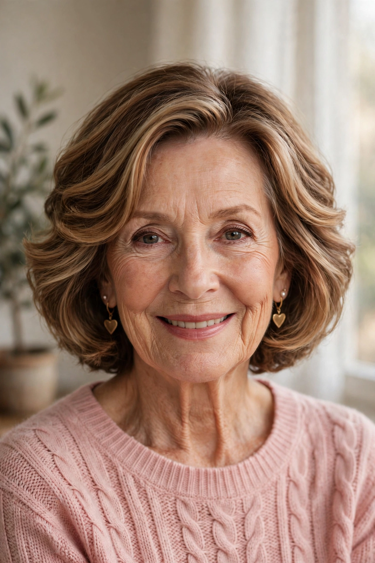 soft waves with a short curved cut in caramel balayage with celebration polish