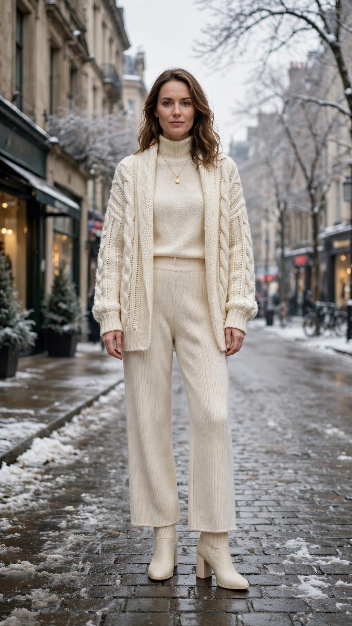 Cream Layered Knit Outfit with Cream Knit Trousers and Cream Block-heel Boots