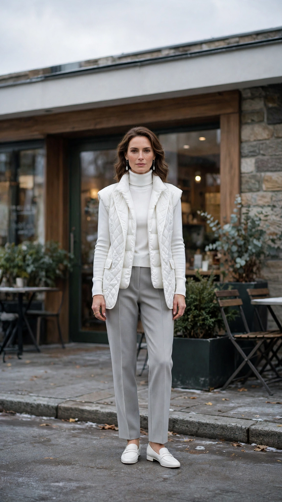 White Turtleneck Layering Outfit with Light Grey Trousers and White Loafers