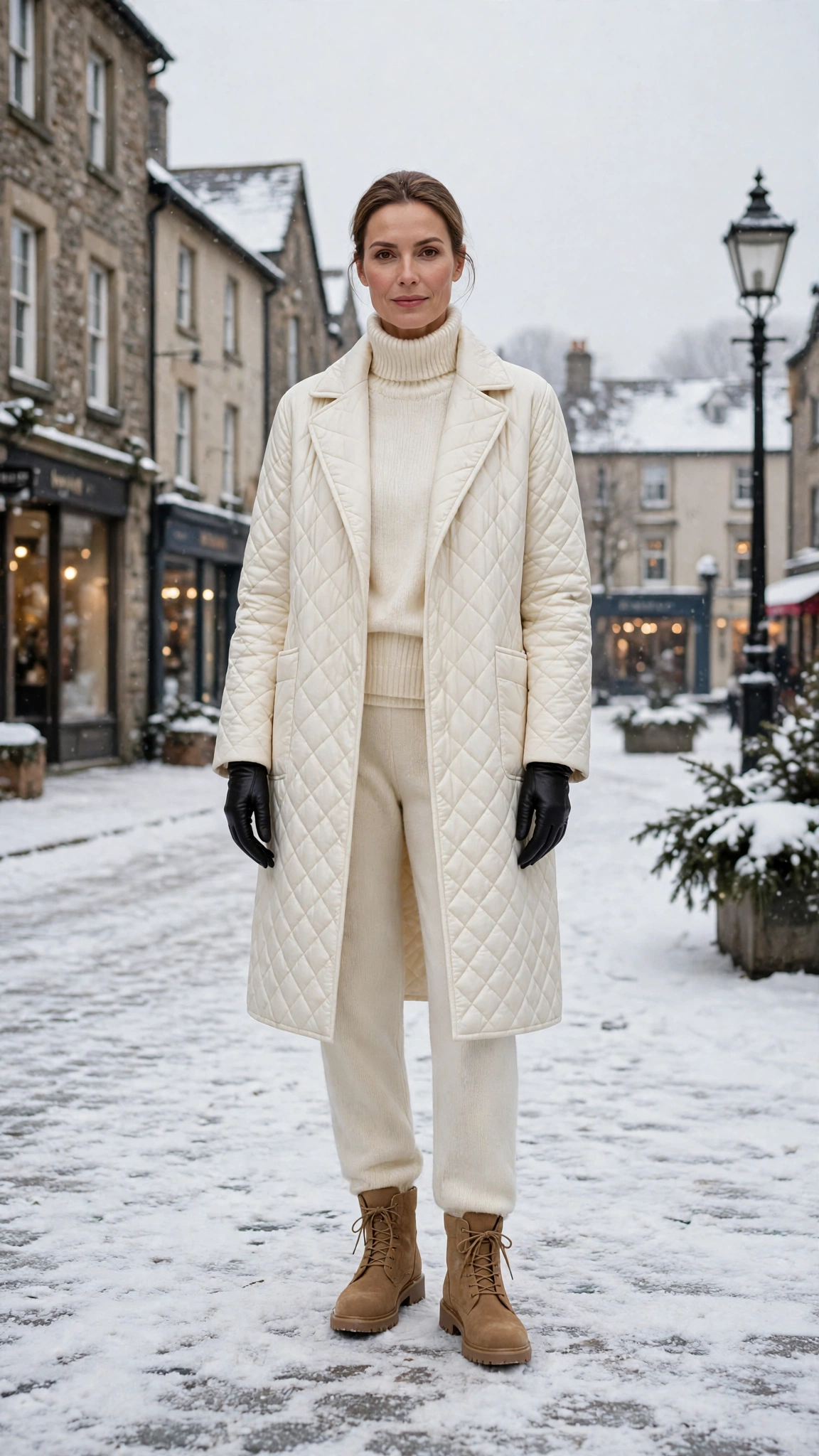 Ivory Layering Outfit with a Coat with Cream Knit Trousers and Tan Boots