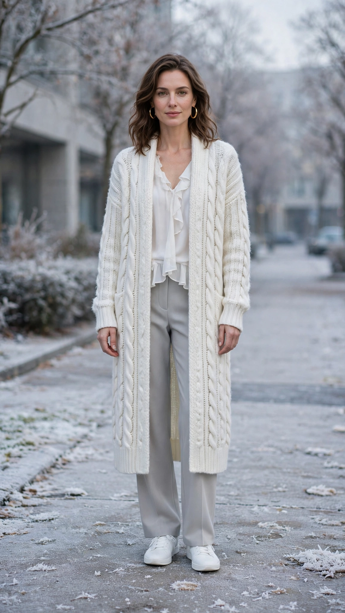 Soft White Layered Outfit with a Long Cardigan with Light Grey Trousers and White Sneakers