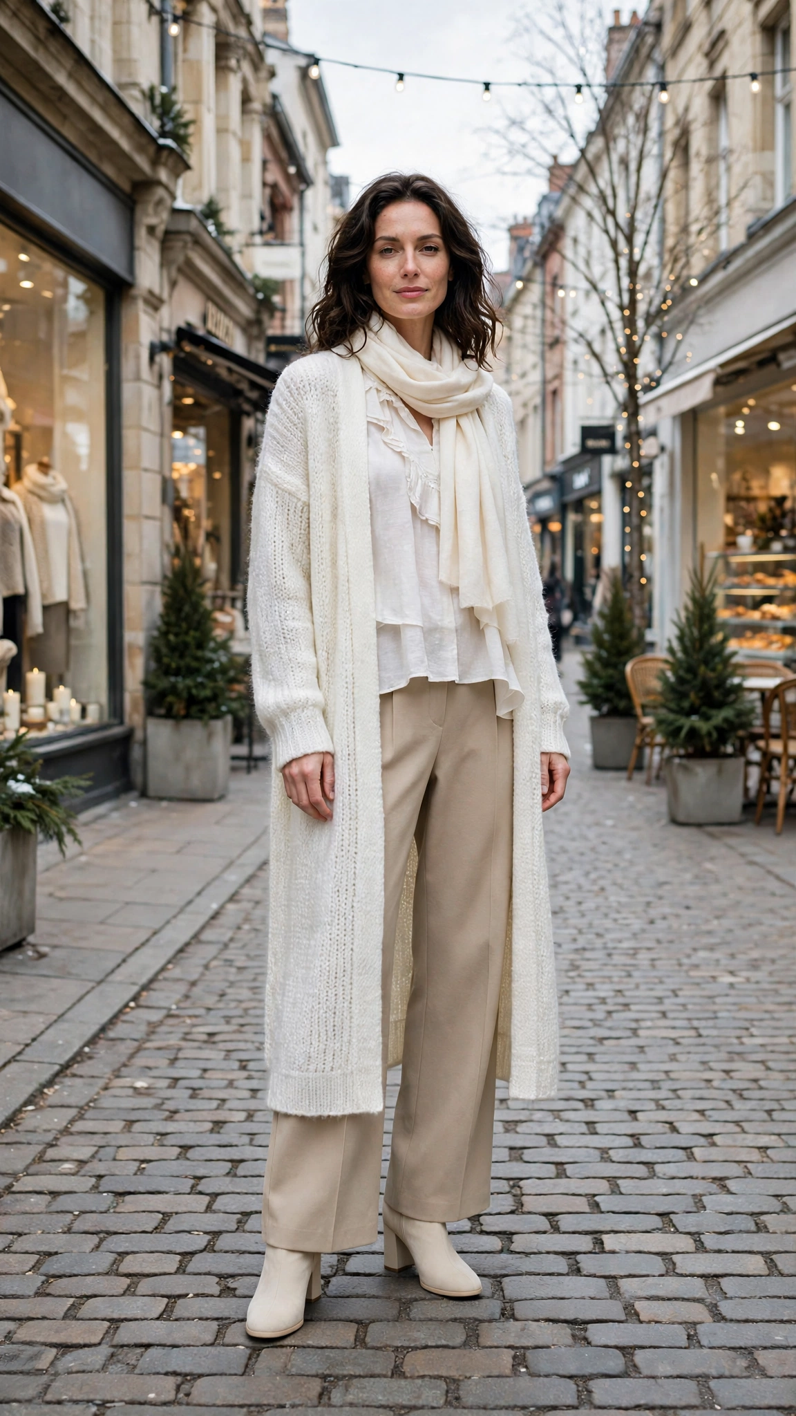 Soft White Layered Outfit with a Long Cardigan with Beige Wide-leg Trousers and Cream Block-heel Boots