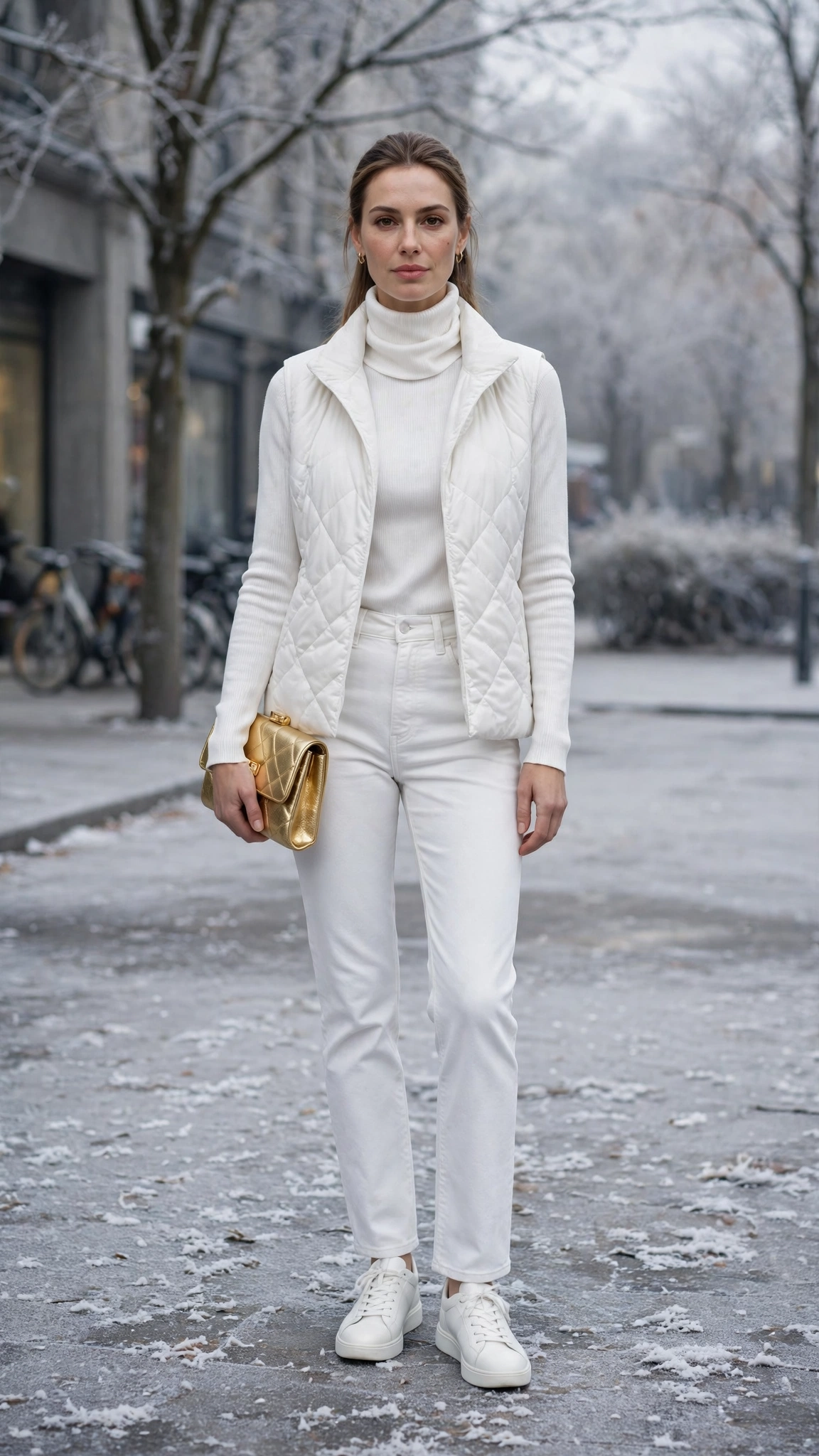White Turtleneck Layering Outfit with White Jeans and White Sneakers