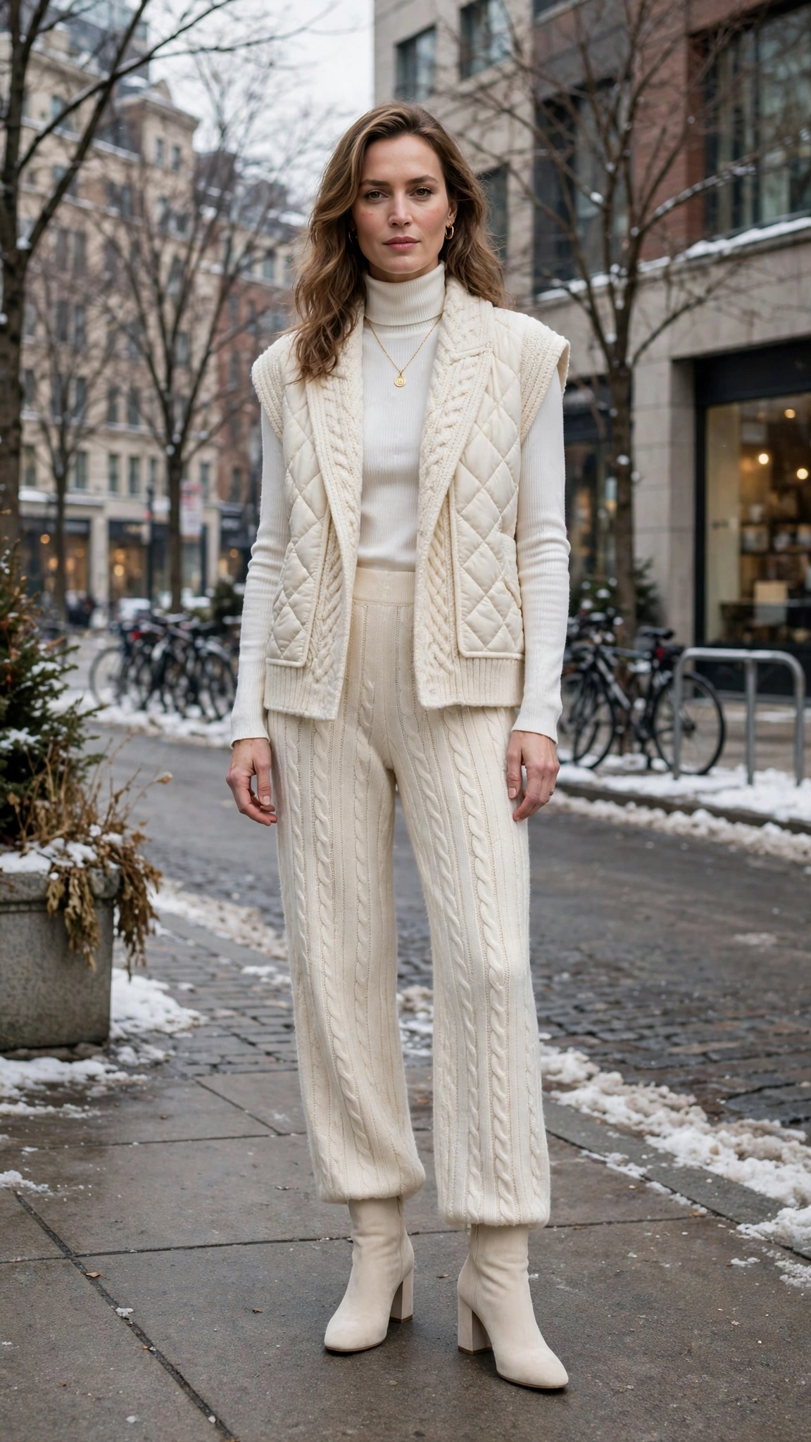 White Turtleneck Layering Outfit with Cream Knit Trousers and Cream Block-heel Boots