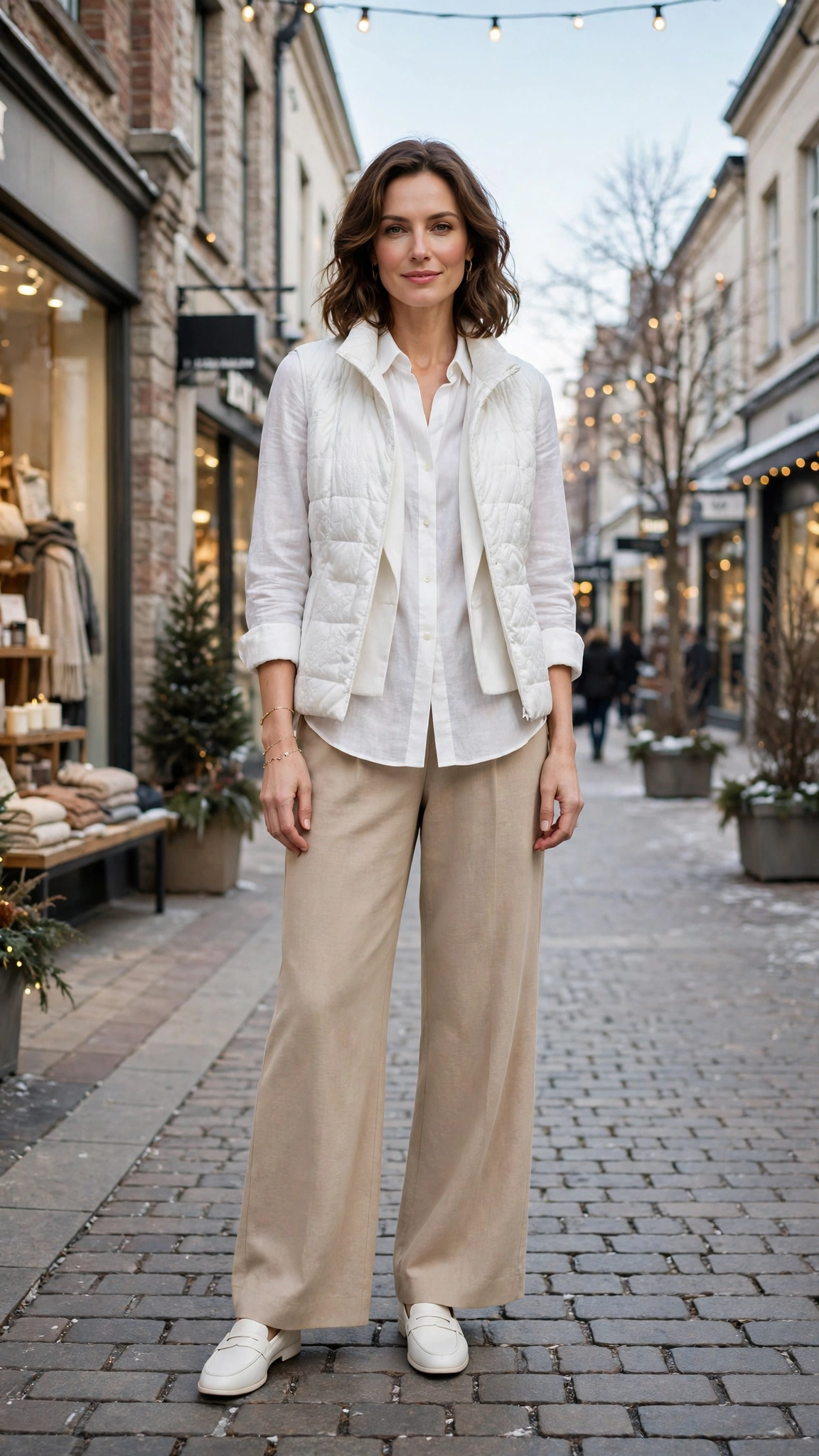 White-on-white Layered Outfit with Beige Wide-leg Trousers and White Loafers