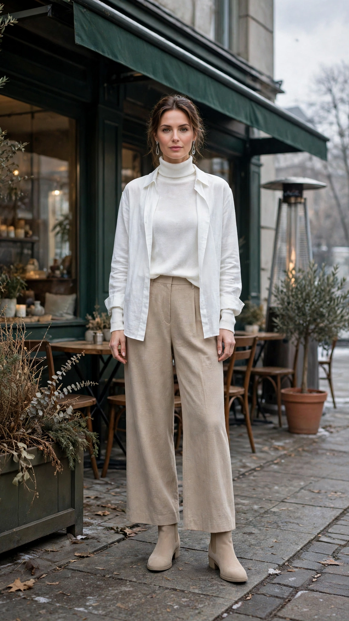 White Turtleneck Layering Outfit with Beige Wide-leg Trousers and Beige Ankle Boots