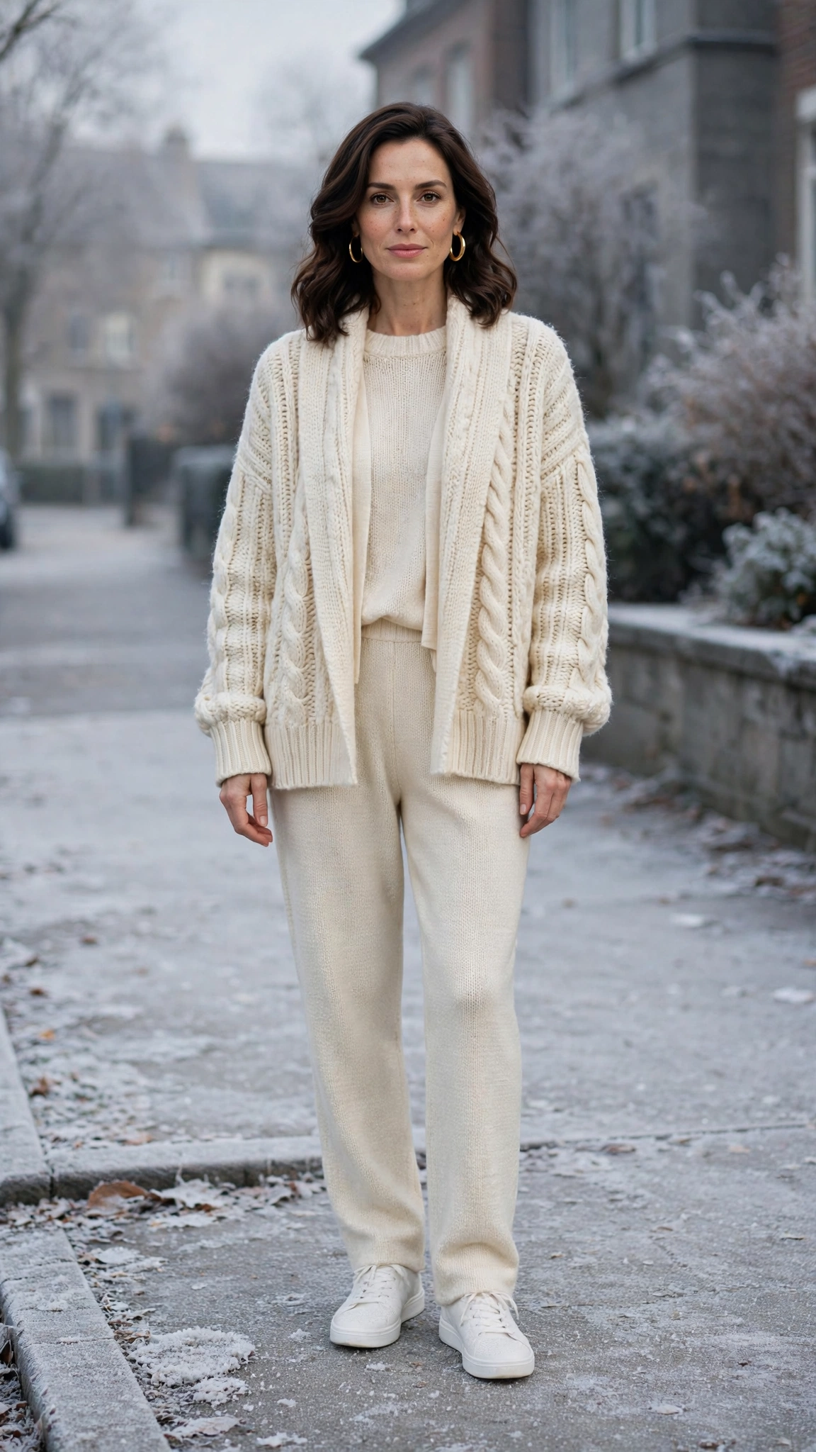 Cream Layered Knit Outfit with Cream Trousers and White Sneakers