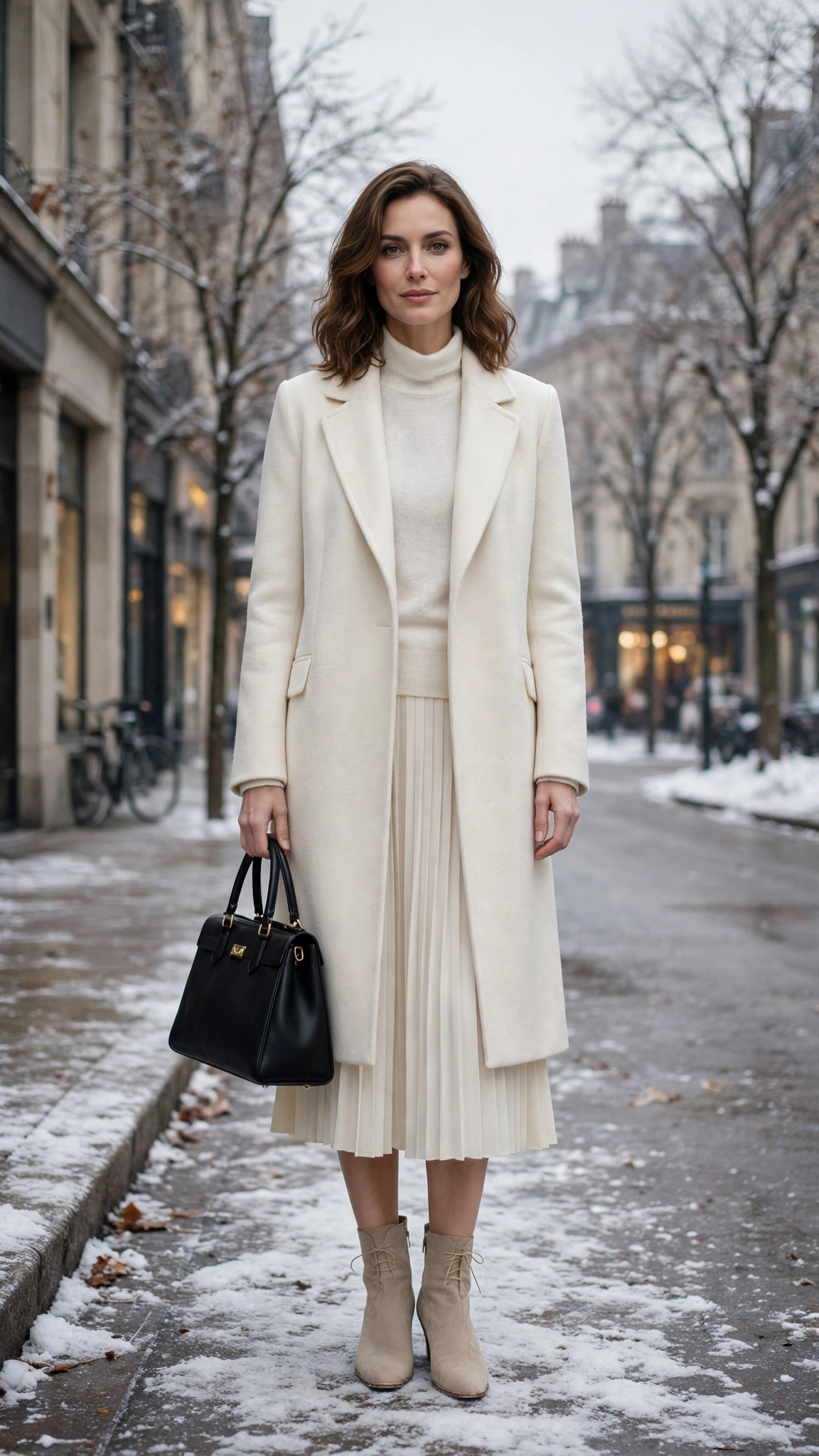 Ivory Layering Outfit with a Coat with an Ivory Skirt and Beige Ankle Boots