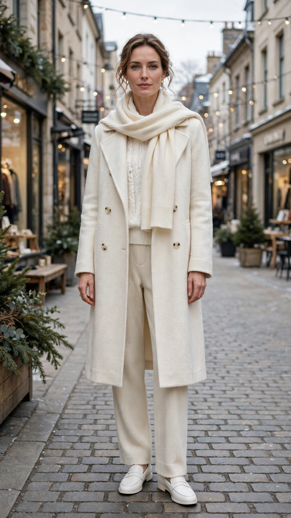 White-on-white Layered Outfit with Cream Knit Trousers and White Loafers