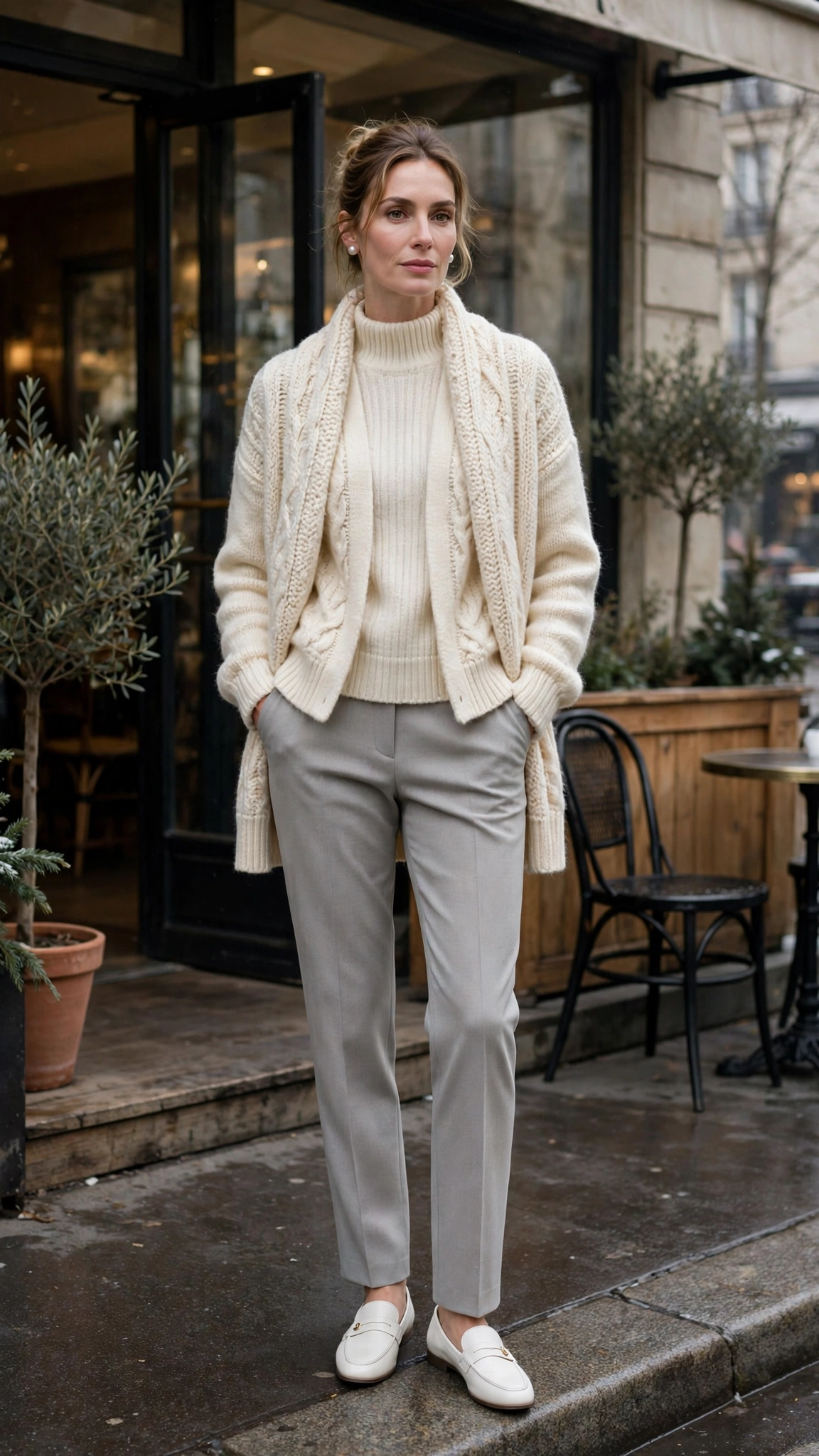 Cream Layered Knit Outfit with Light Grey Trousers and White Loafers