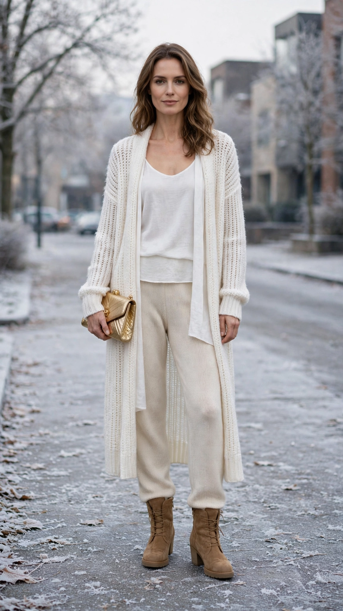 Soft White Layered Outfit with a Long Cardigan with Cream Knit Trousers and Tan Boots
