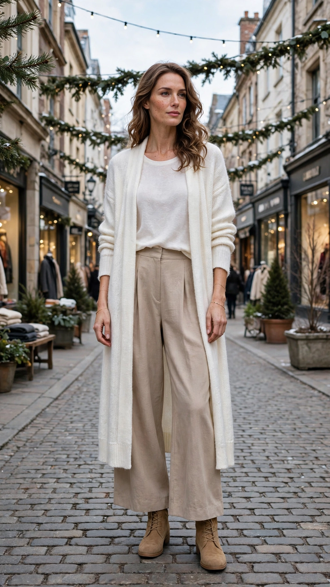 Soft White Layered Outfit with a Long Cardigan with Beige Wide-leg Trousers and Tan Boots