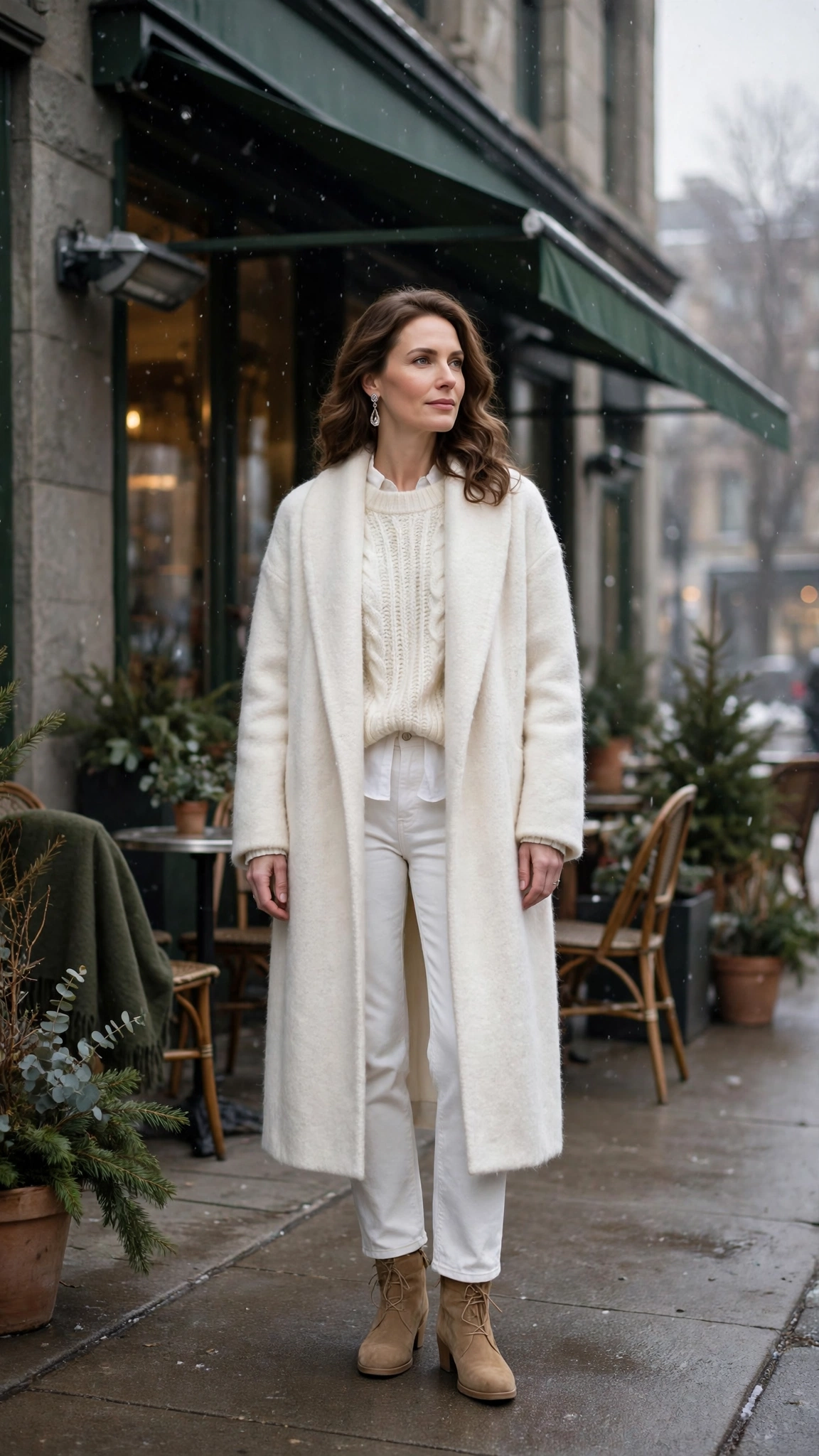 Soft White Layered Outfit with a Long Coat with White Jeans and Tan Boots