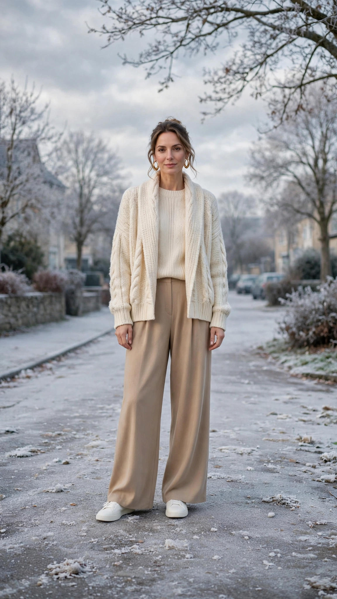 Cream Layered Knit Outfit with Beige Wide-leg Trousers and White Sneakers