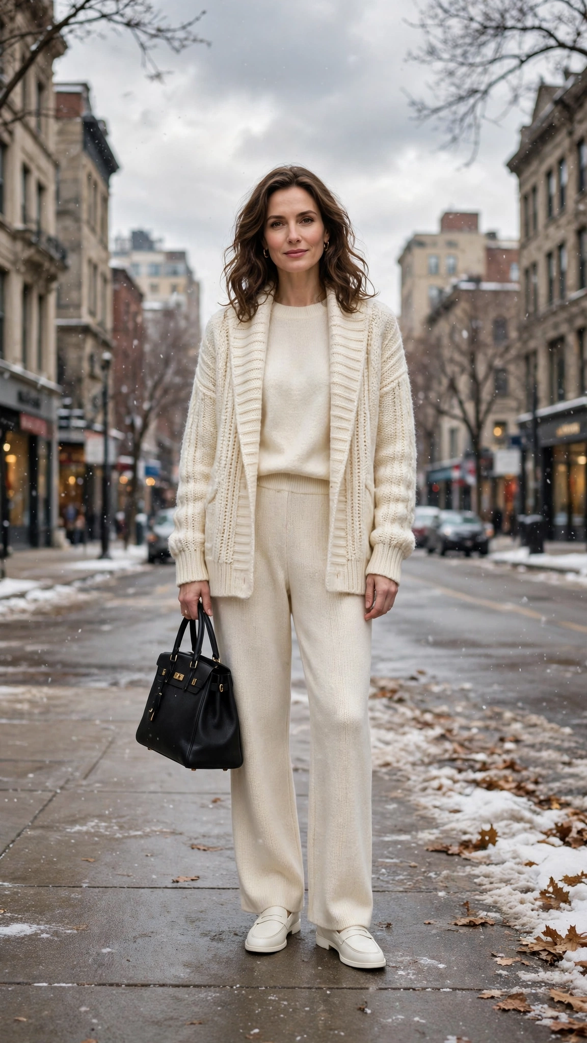 Cream Layered Knit Outfit with Cream Knit Trousers and White Loafers