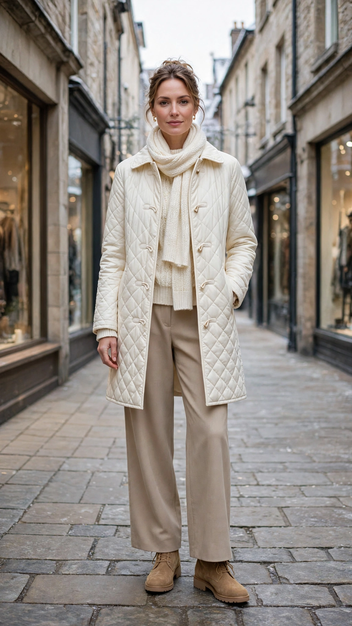 Ivory Layering Outfit with a Coat with Beige Wide-leg Trousers and Tan Boots