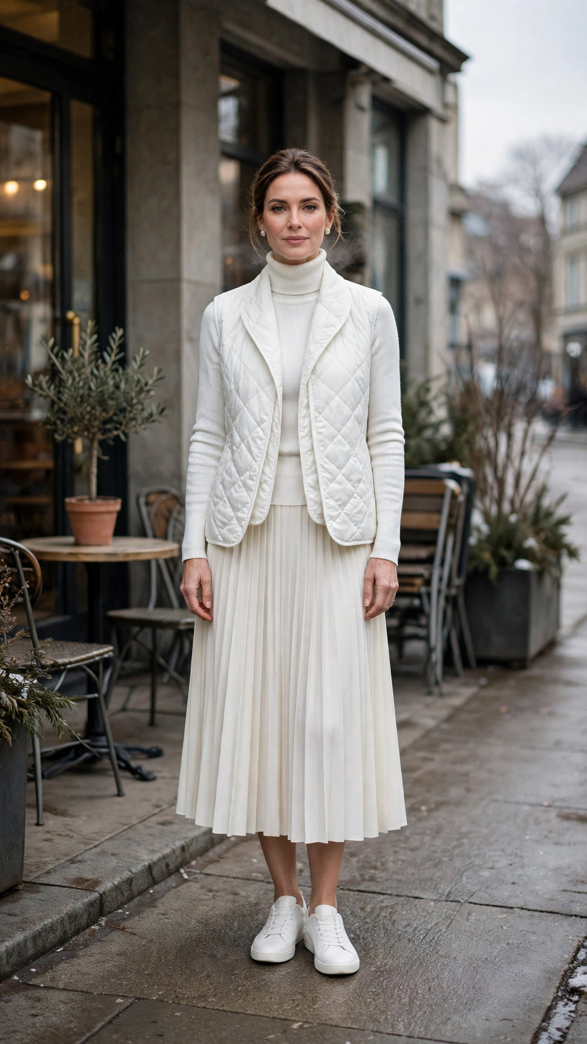 White Turtleneck Layering Outfit with an Ivory Skirt and White Sneakers