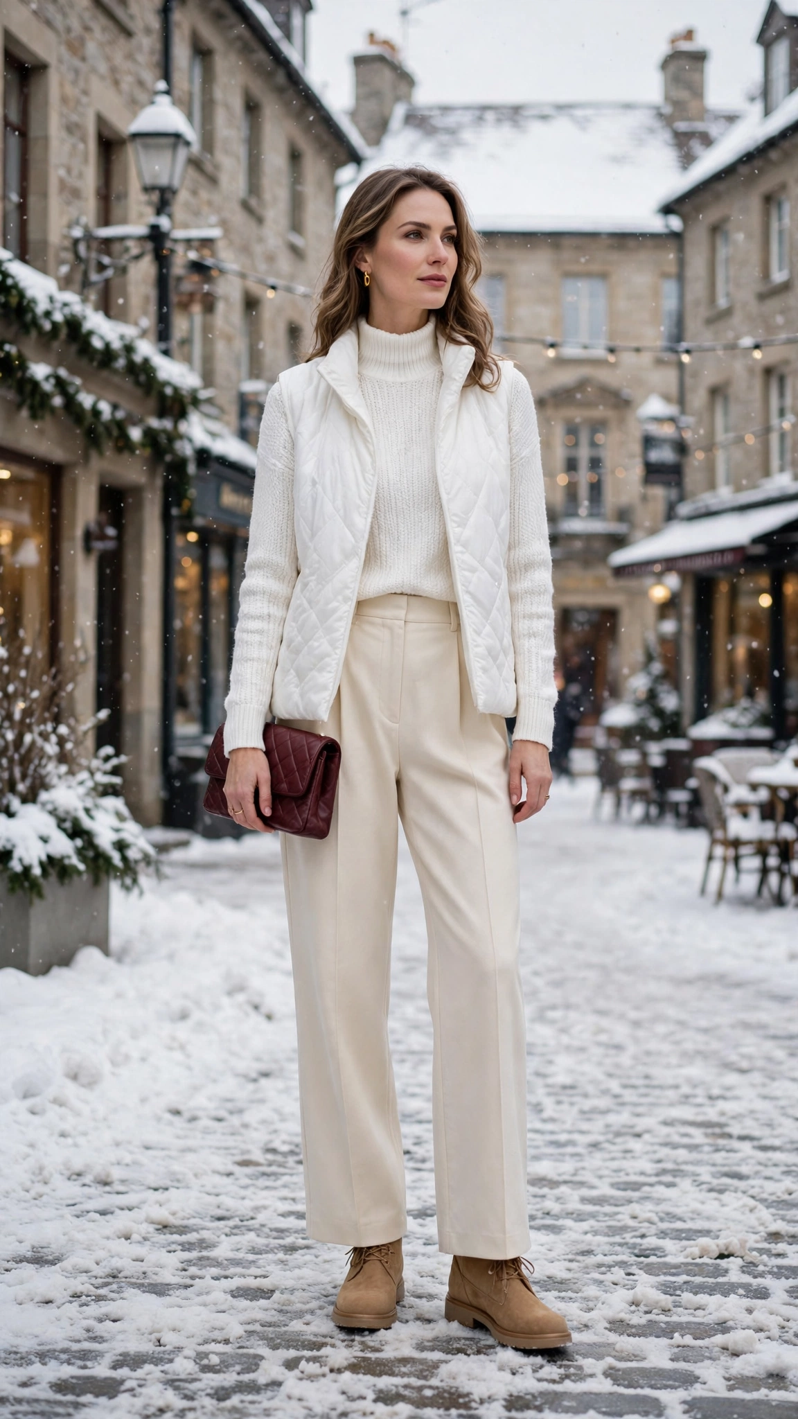 White-on-white Layered Outfit with Cream Trousers and Tan Boots